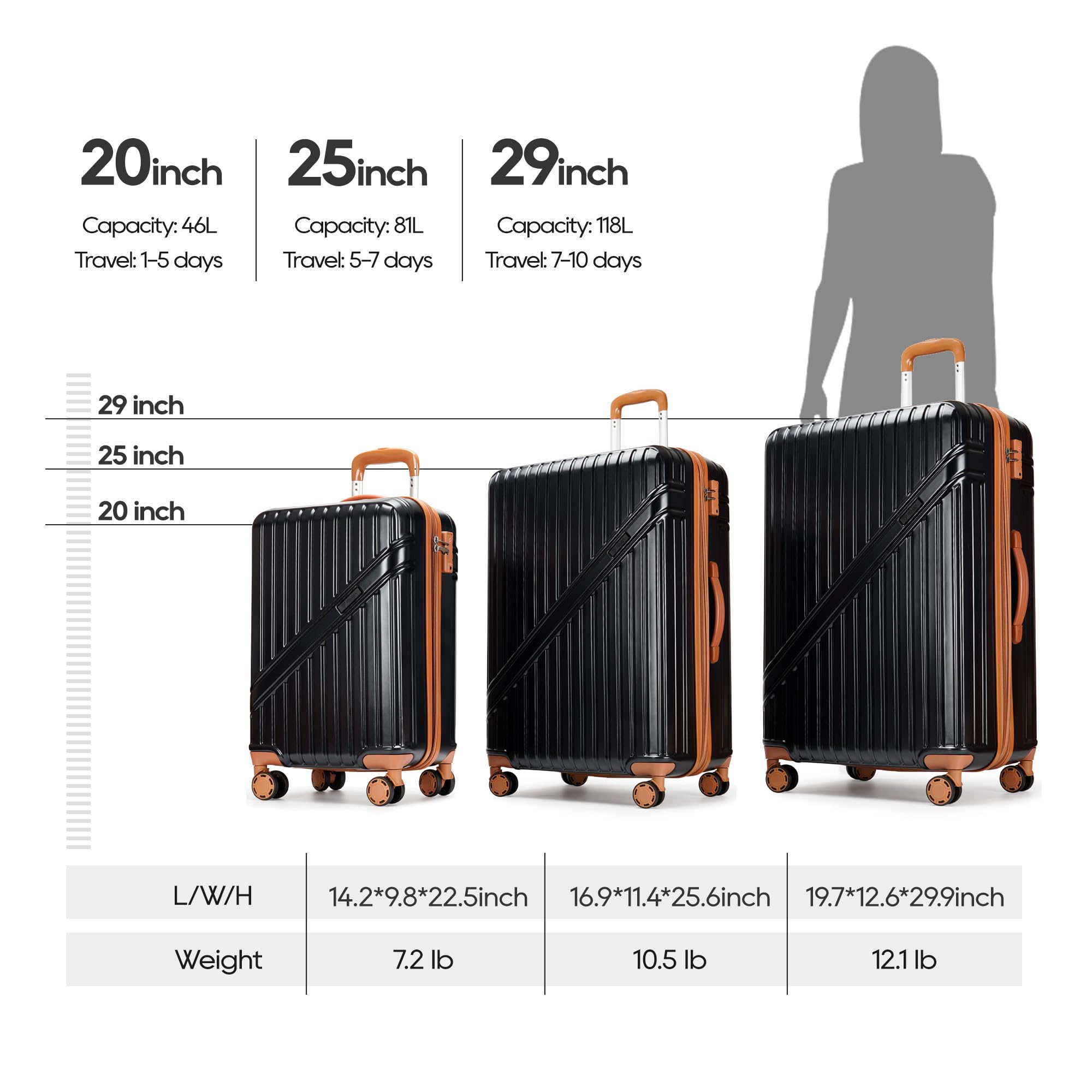 GinzaTravel 3-Piece Expandable Hardside Luggage Set with Wheels & TSA Lock - Durable PC+ABS Suitcases for International Travel, Business Trips & Family Vacations