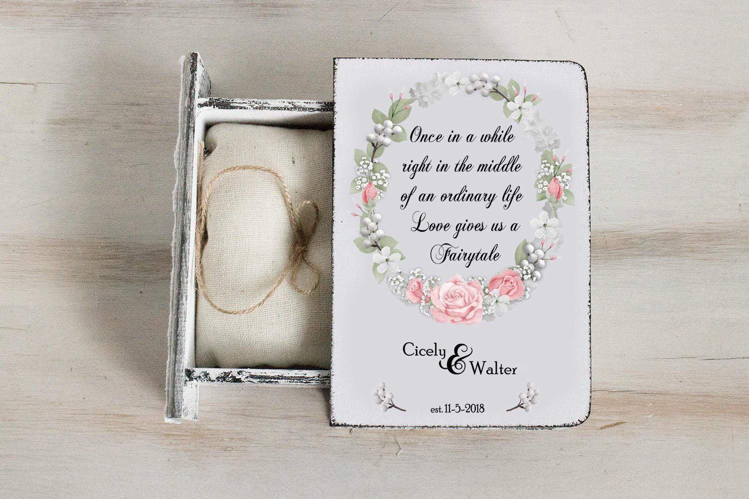 Personalized Wedding Ring Box - White Rose Floral Ring Bearer Box for Engagement & Spring Weddings - Perfect for Ceremonies, Proposals & Gift Giving