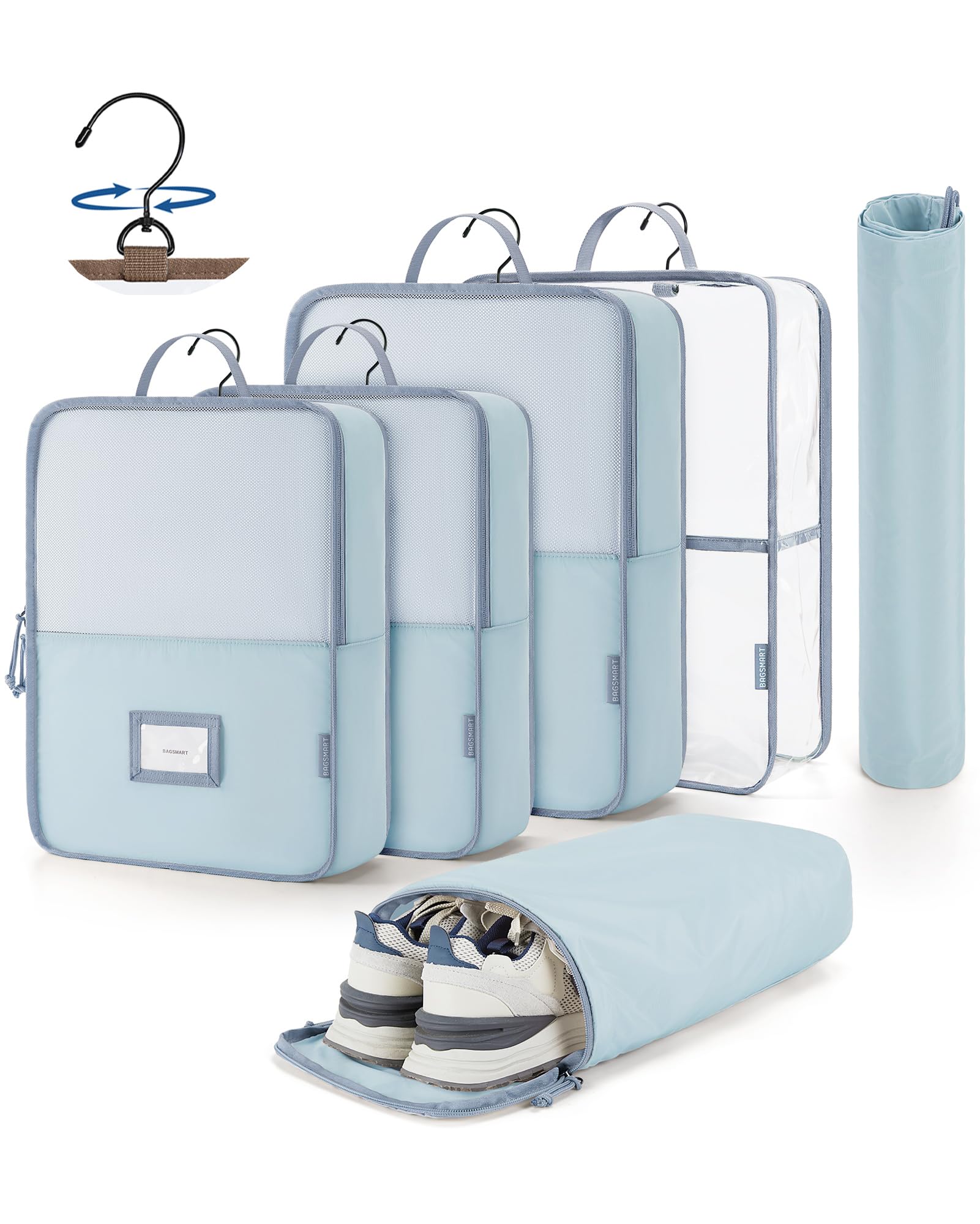 BAGSMART 6-Piece Clear Waterproof Hanging Packing Cubes for Travel - Suitcase Organizer with Zipper, Handles & Hook - Sky Blue - Perfect for Closet Storage & Luggage Organization