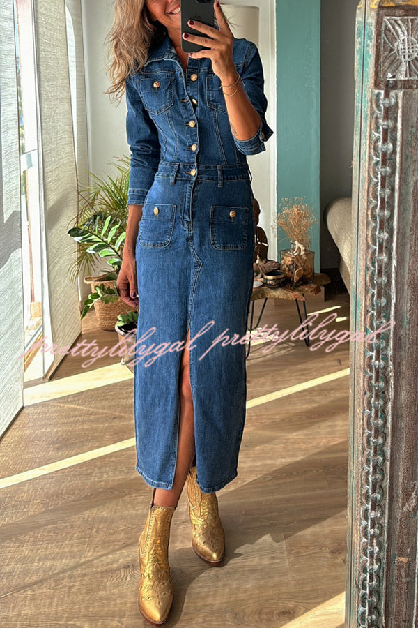 Stylish Tessy Denim Stretch Midi Dress with Metal Buttons & Zipper Detail - Perfect for Casual Outings, Date Nights & Office Wear
