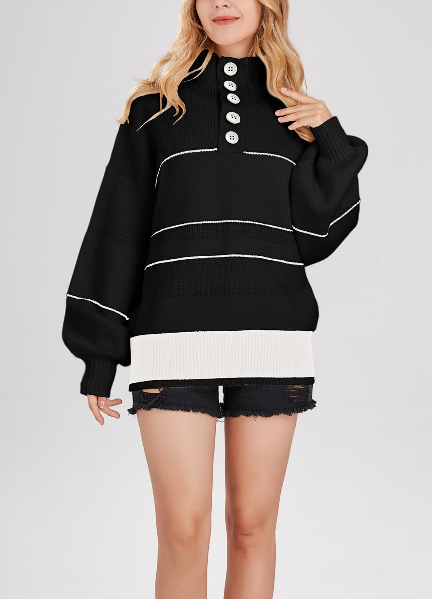 Women's Slouchy Waffle Knit Sweater - Half Button Polo Collar Pullover Striped Top | Casual Fall & Winter Fashion | Perfect for Office, Dating & Weekend Outfits