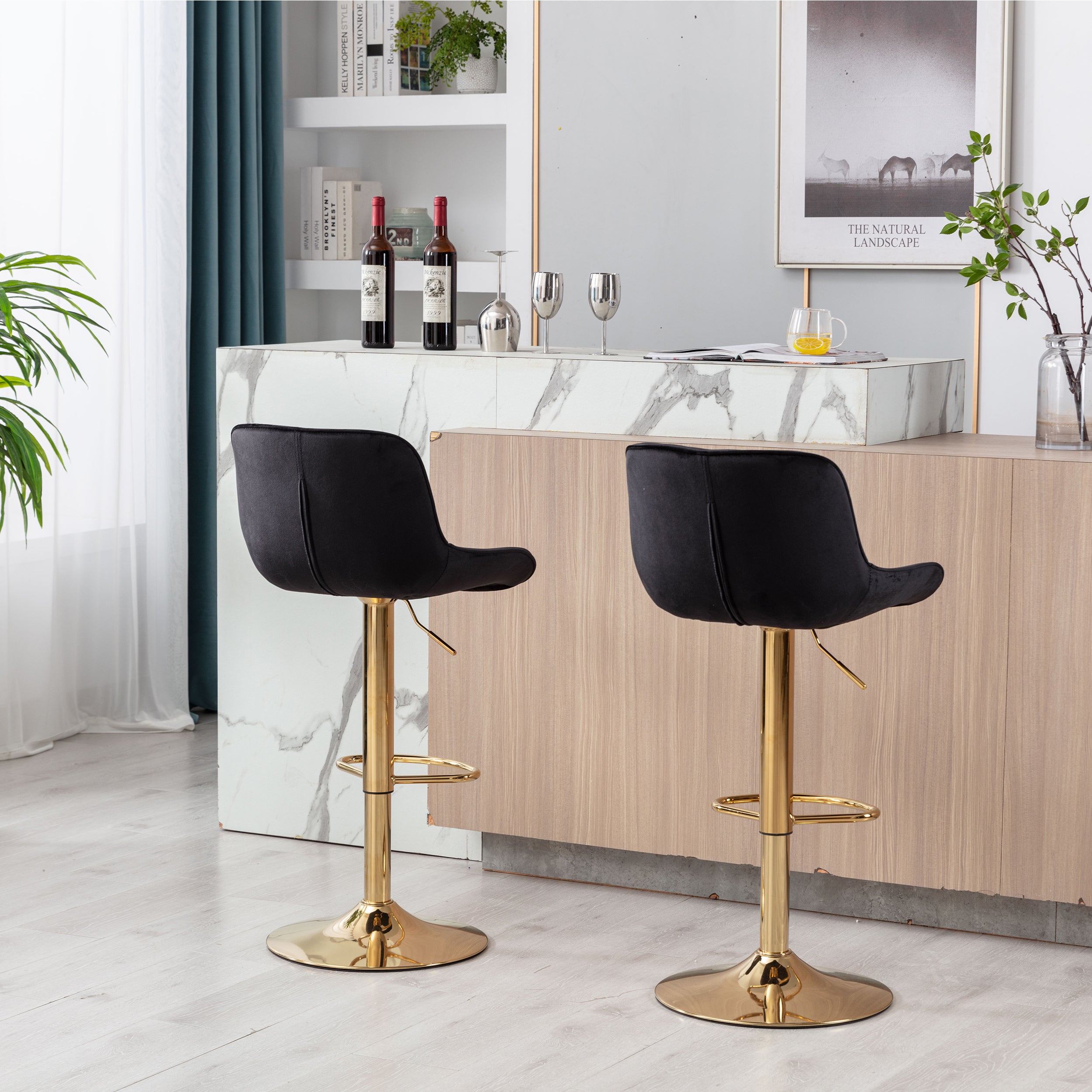 **Adjustable Chrome Footrest Swivel Bar Stool Set of 2 - Black Velvet Seat with Golden Legs for Kitchen Counter, Home Bar & Dining Room**