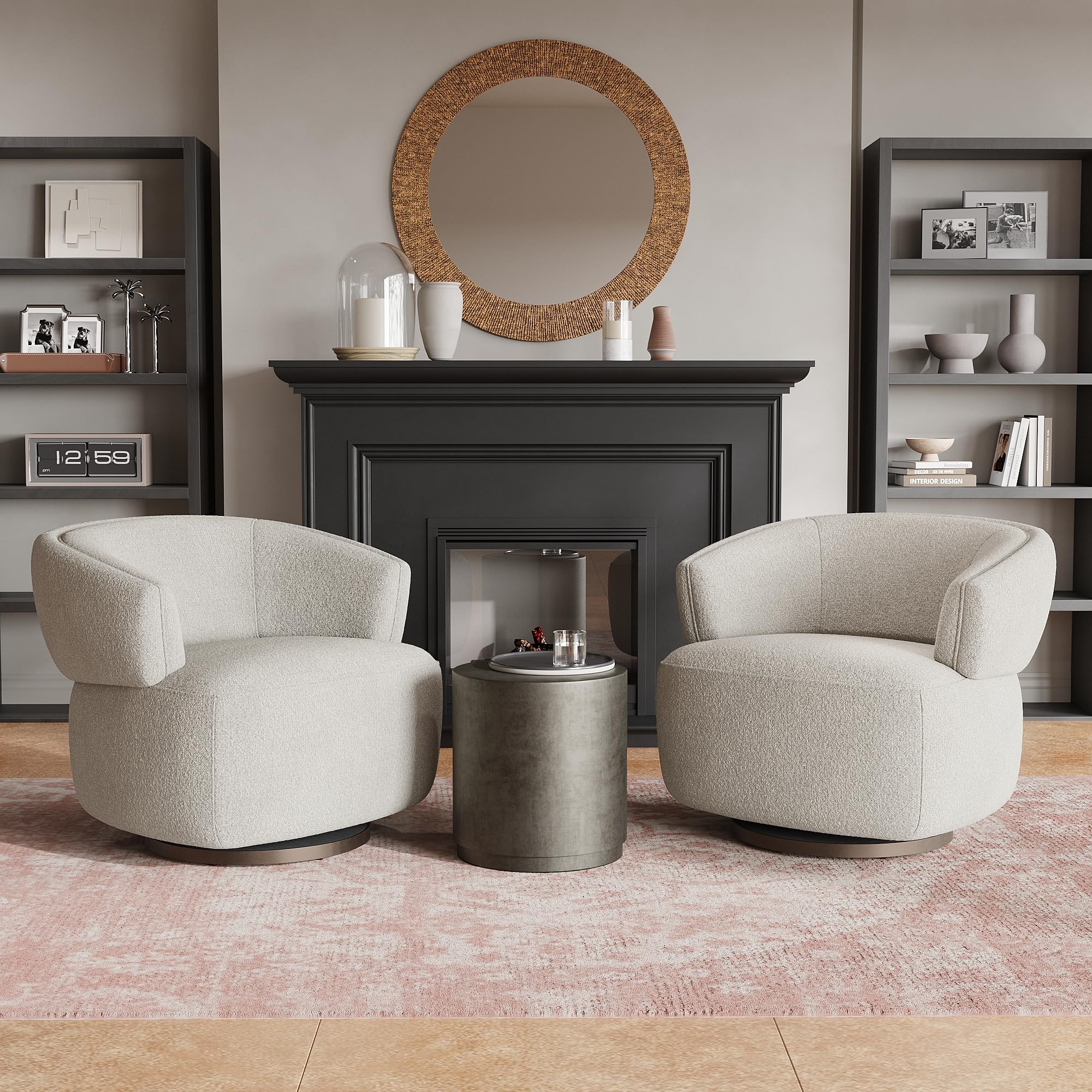 RoyalCraft Swivel Accent Chair Set of 2 - Fully Assembled Modern Round Barrel Chairs with 360° Rotation, Oversized Upholstered Armchairs for Living Room, Bedroom & Office - Soft Griege Fabric - Perfect for Reading Nooks, Conversation Areas & Small Spaces