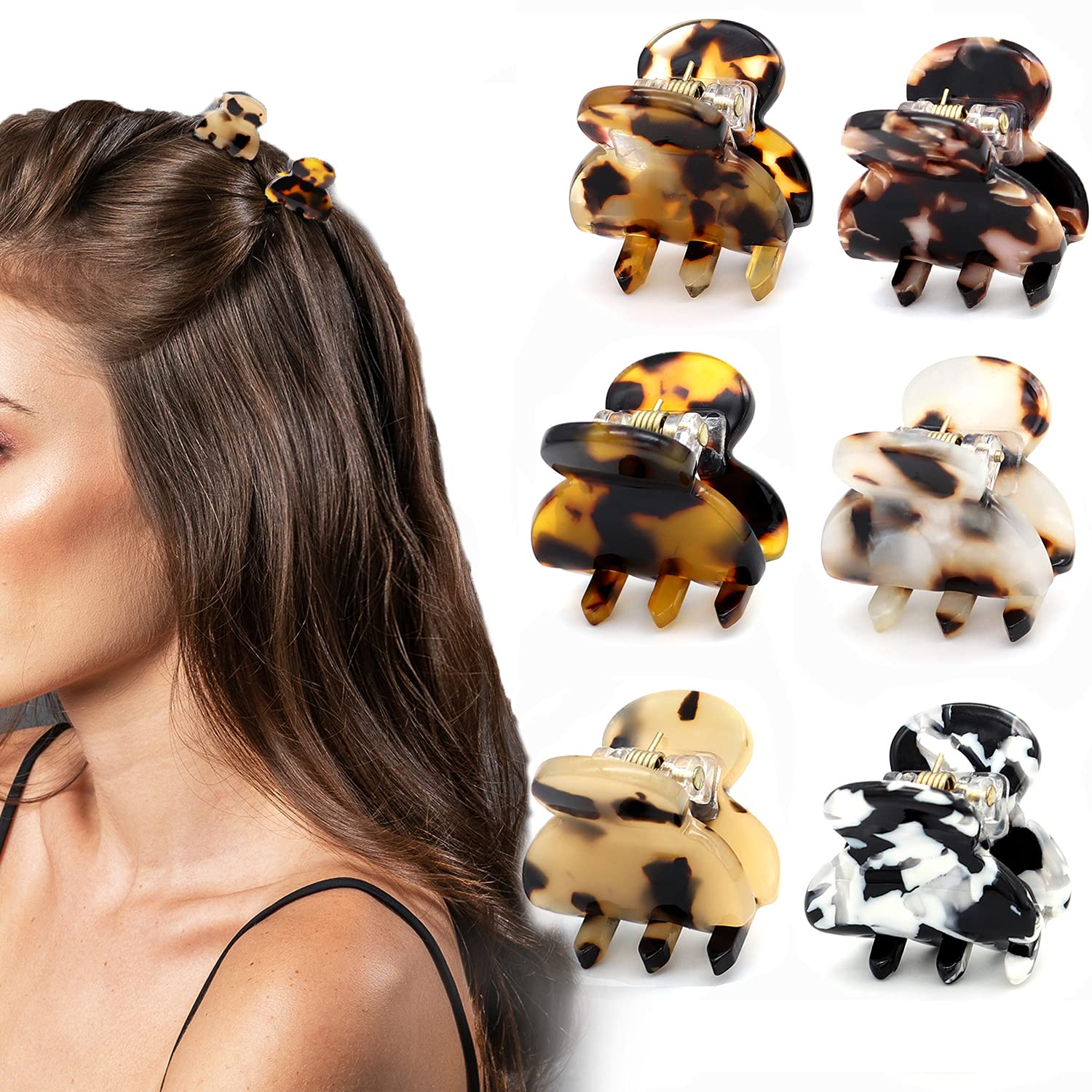 Cobahom 6Pcs Small Hair Clips for Women - Mini Hair Claws, Tortoise Shell & Leopard Acrylic Jaw Clips - Perfect for Thin & Thick Hair - Great for School, Work, Parties & Everyday Styling