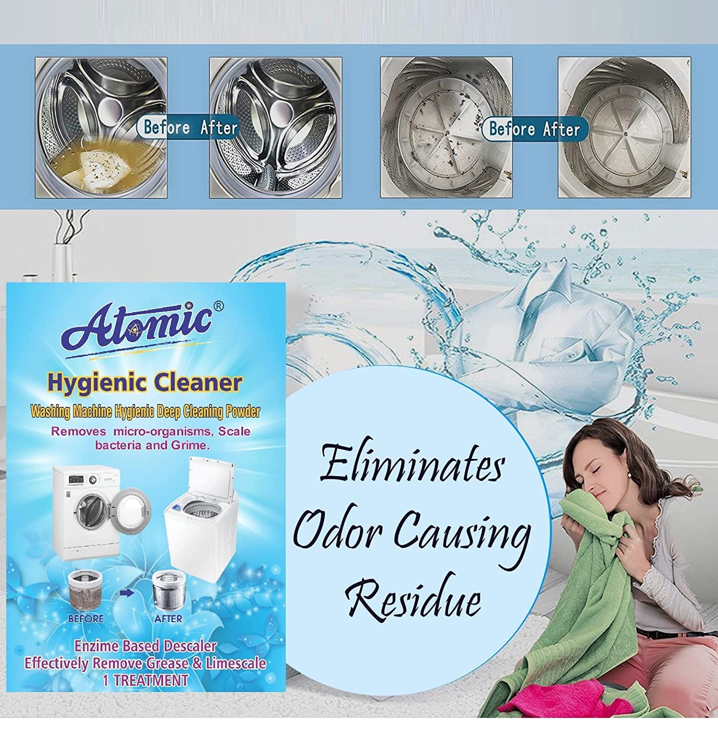 Atomic Descaling Powder 150gm - Effective Washing Machine Cleaner for Top Load & Front Load Washers | Removes Limescale & Residue | Ideal for Home Laundry Care
