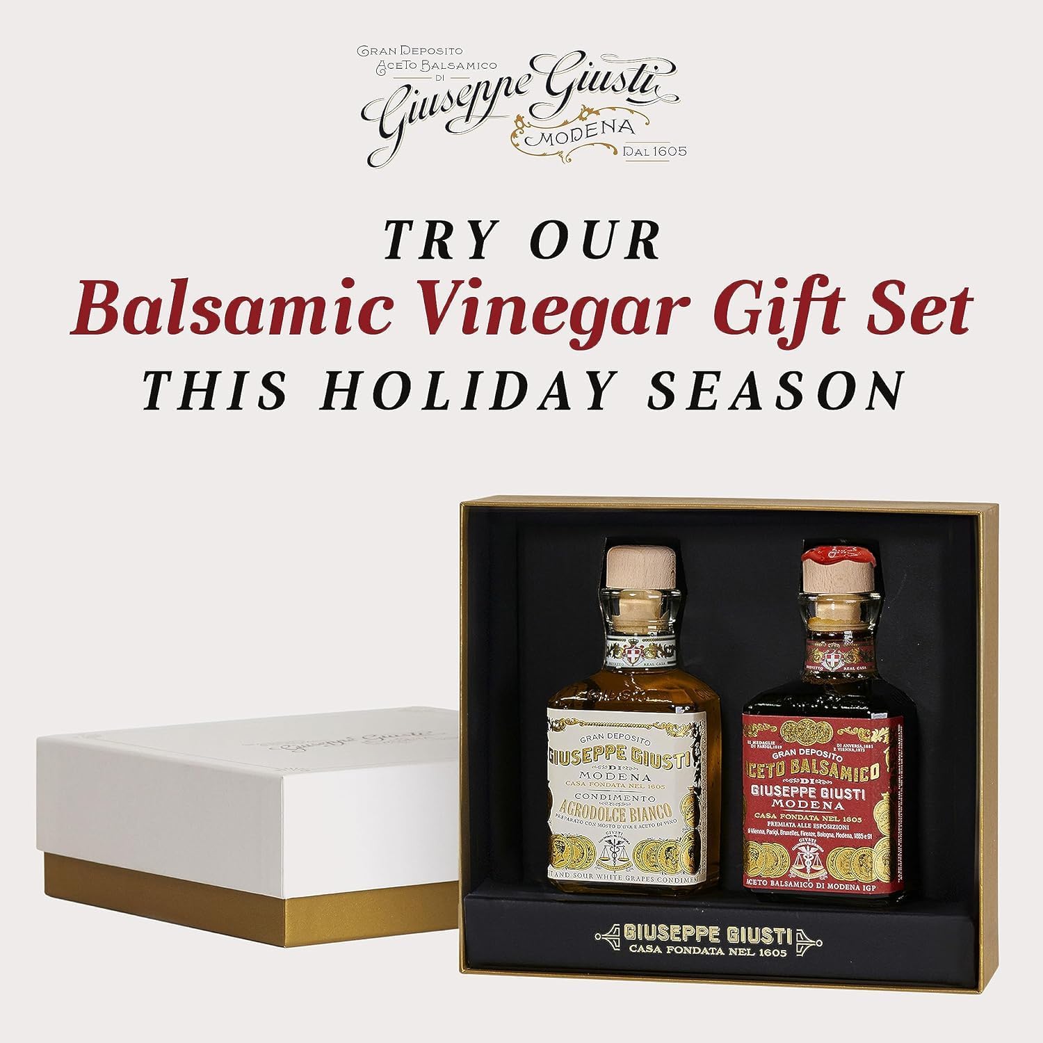 Premium Giuseppe Giusti Balsamic Vinegar of Modena Gift Set - Gran Deposito & White Balsamic Vinegar (2 x 8.45 fl oz) - Authentic Italian Gourmet Condiment in Elegant Gift Box - Perfect for Salads, Cheese Pairing & Gourmet Cooking