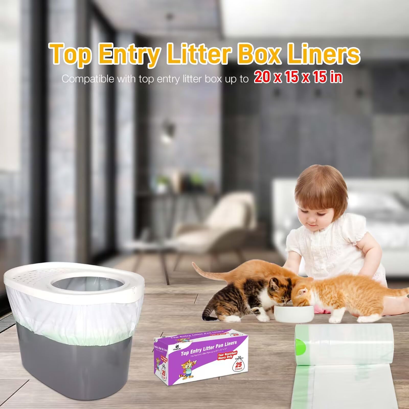 Heavy Duty Cat Litter Box Liners - 25 Count Tear Resistant Drawstring Bags for Top Entry Litter Pans | Perfect for Odor Control & Easy Cleanup in Multi-Cat Homes