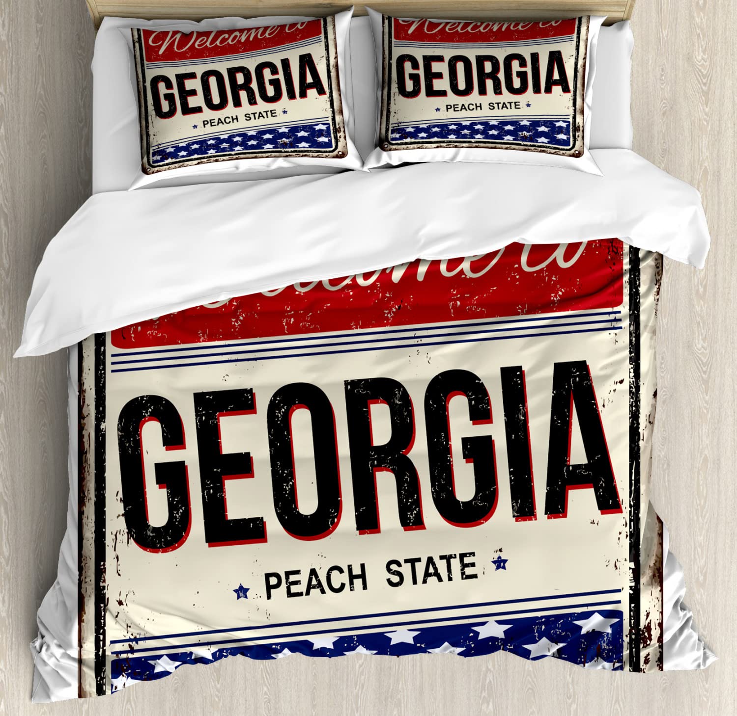 Ambesonne Georgia Duvet Cover Set - Grunge Style Welcome Sign Design, Queen Size 2-Piece Bedding Set with 2 Duvet Covers & 4 Pillowcases, Ivory & Dark Pink - Perfect for Bohemian & Vintage Themed Bedrooms