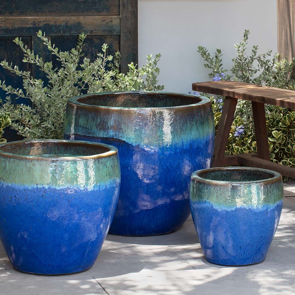 Campania International Riviere Planter Set of 3 - Running Aqua Color Outdoor Garden Planters for Patio, Deck & Home Decor