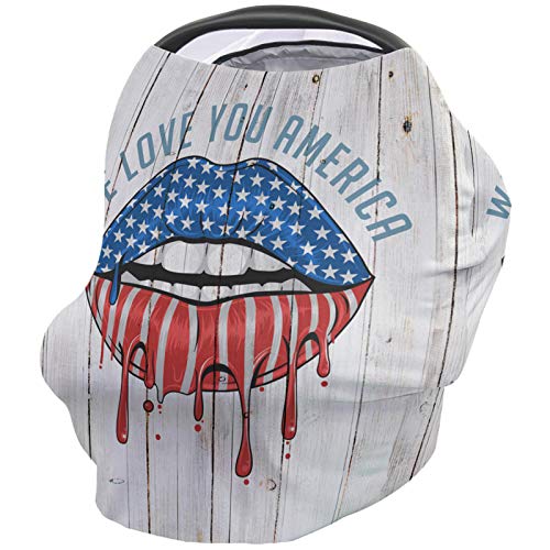 American Flag Baby Car Seat Cover for Newborns - Soft Breathable Stretchy Fabric with White Wood Grain Design - Adjustable Universal Fit 26x27.6 inches - Perfect for Boys, Girls, Nursing & Breastfeeding - Ideal for Car Travel, Stroller Use and Outdoor Protection