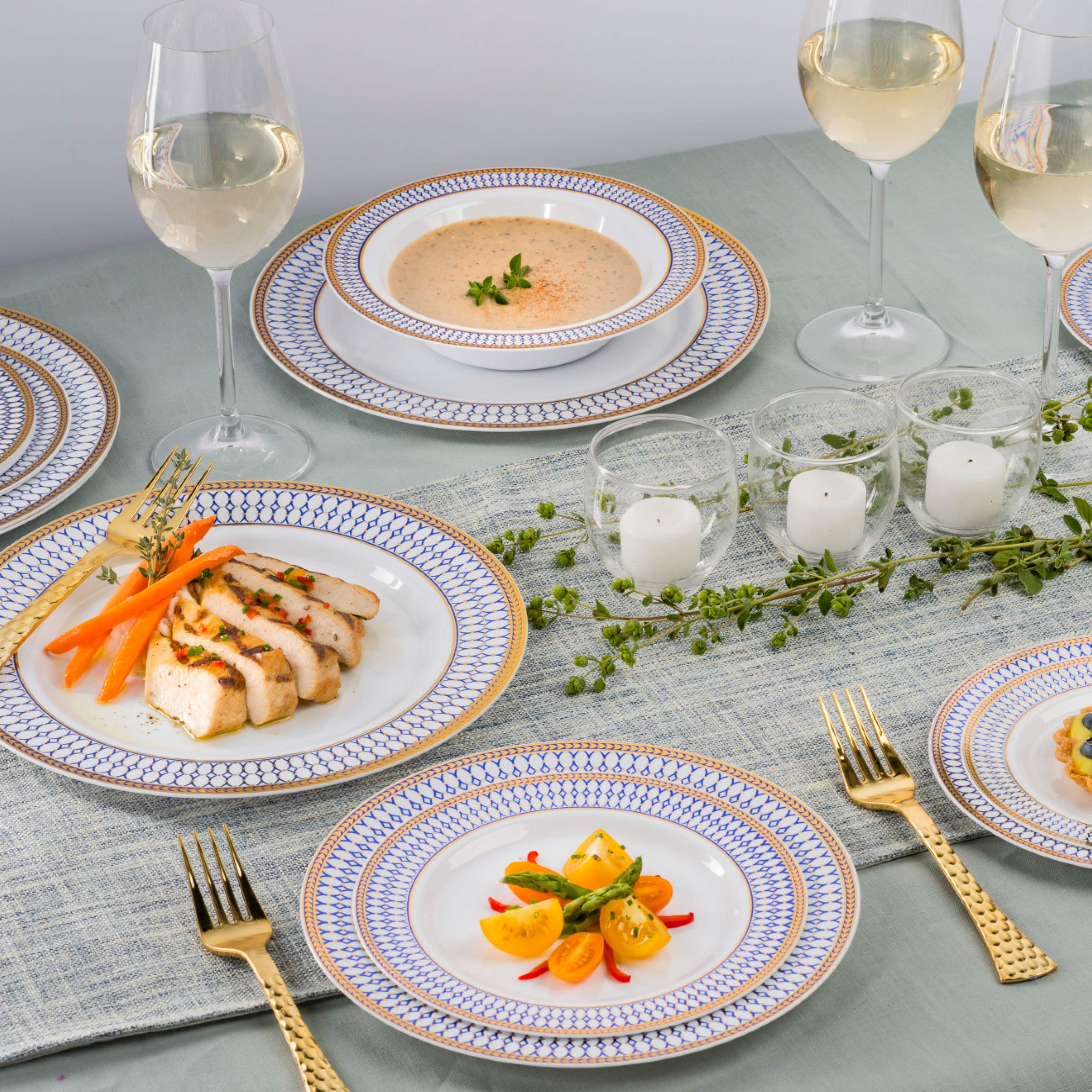 Laura Stein Elegant Disposable Dinnerware Set - 32-Piece Plastic Party Bowls for Weddings & Events - 16 White Soup Bowls (12 oz) & 16 Dessert Bowls (5 oz) with Blue Rim & Rose Gold Accents - Perfect for Wedding Receptions, Bridal Showers, Birthday Parties & Formal Gatherings