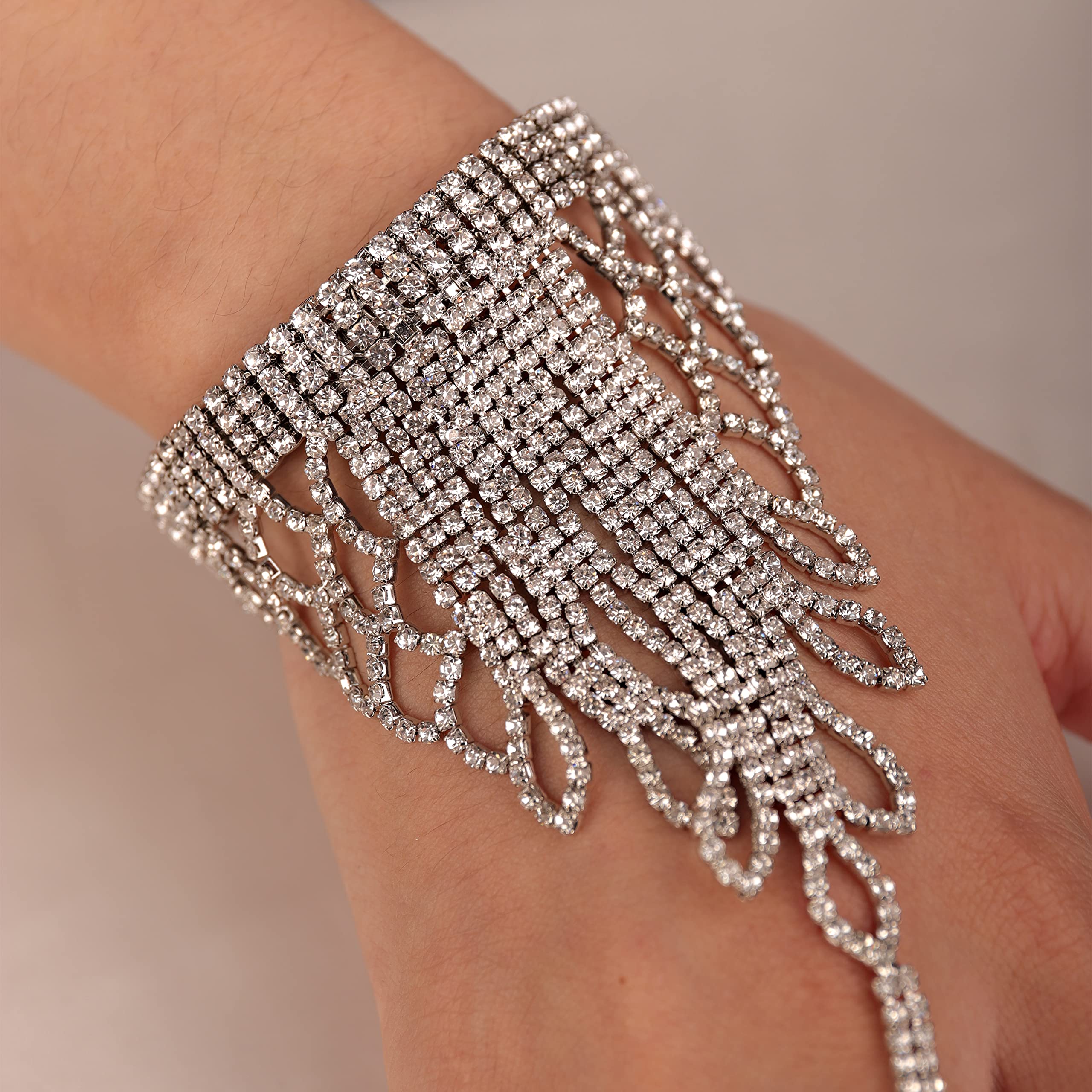 Elegant Rhinestone Crystal Hand Chain Bracelet - Silver & Gold Finger Link Bangle for Women | Perfect for Weddings, Parties, and Special Occasions