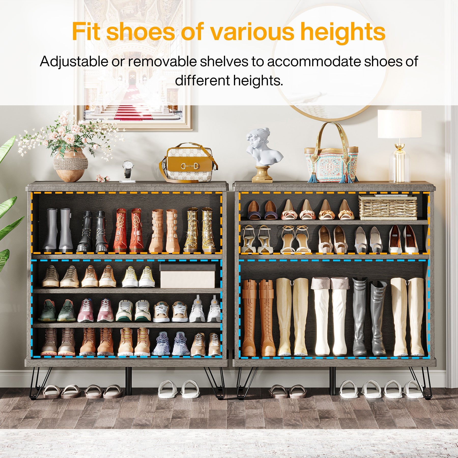5 Tier Shoe Cabinet with Sliding Doors - Wooden Shoe Organizer with Sturdy Metal Legs for Entryway, Closet & Bedroom Storage Solution