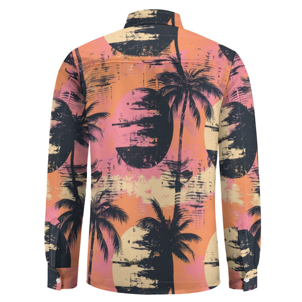Grunge Sunset & Palm Trees Print Casual Long Sleeve Shirt with Pocket | Trendy Streetwear for Men & Women | Perfect for Beach Outings, Concerts & Everyday Wear