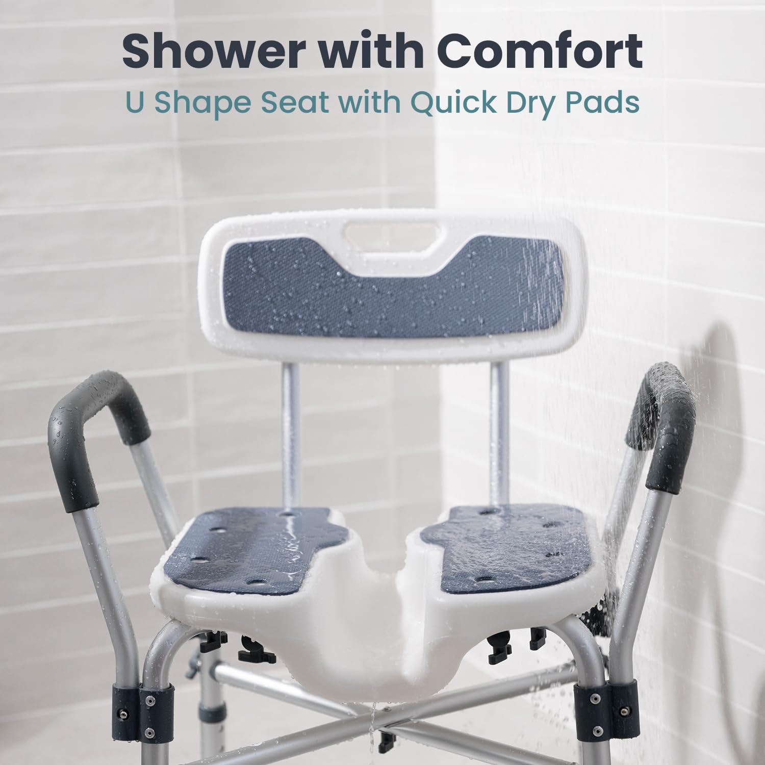 Heavy Duty U-Shape Shower Chair with Padded Armrests & Back - 450lb Weight Capacity, Adjustable Height for Elderly & Disabled - Non-Slip Bath Seat for Safe Showering (Blue) - Perfect for Bathroom Safety & Mobility Assistance