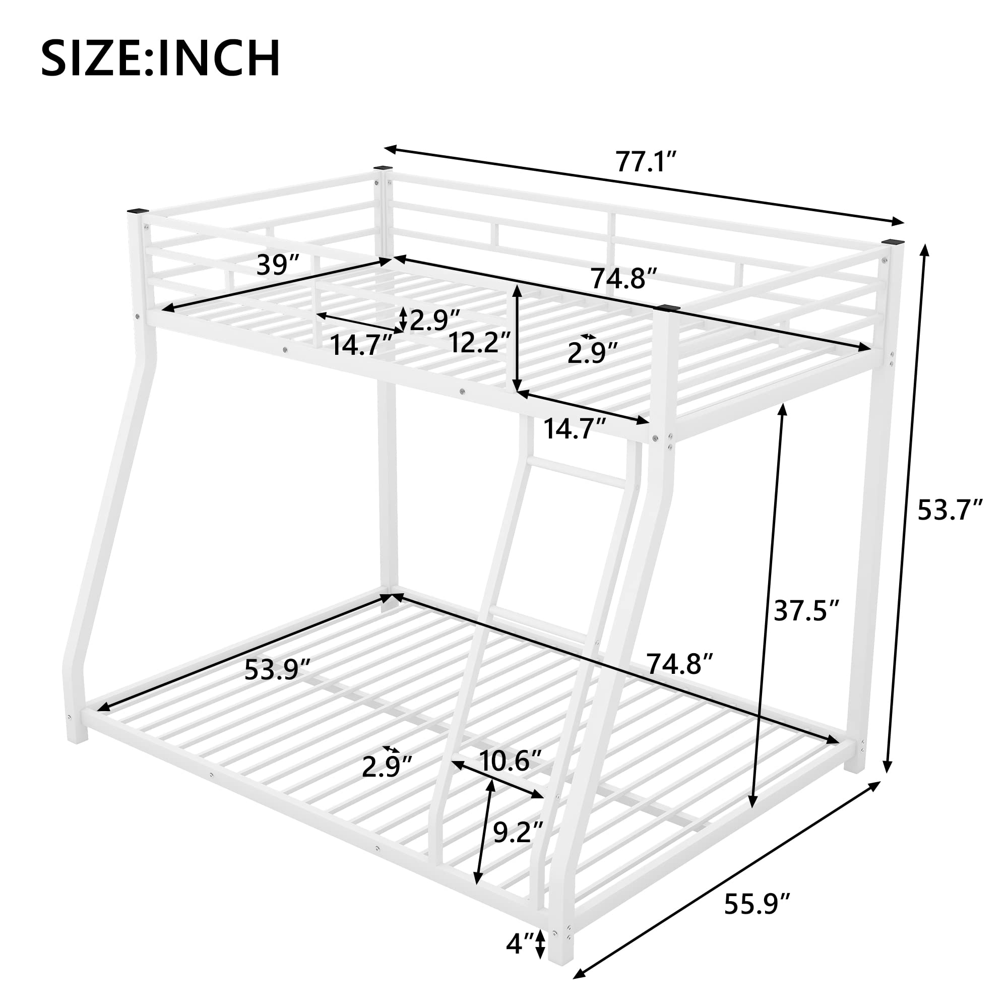 Twin Over Full Metal Bunk Bed with Ladder & Guardrail - Sturdy Low Bunk Beds for Adults, Teens, Boys & Girls - White Space-Saving Bed for Small Rooms, Dorms & Shared Kids' Bedrooms