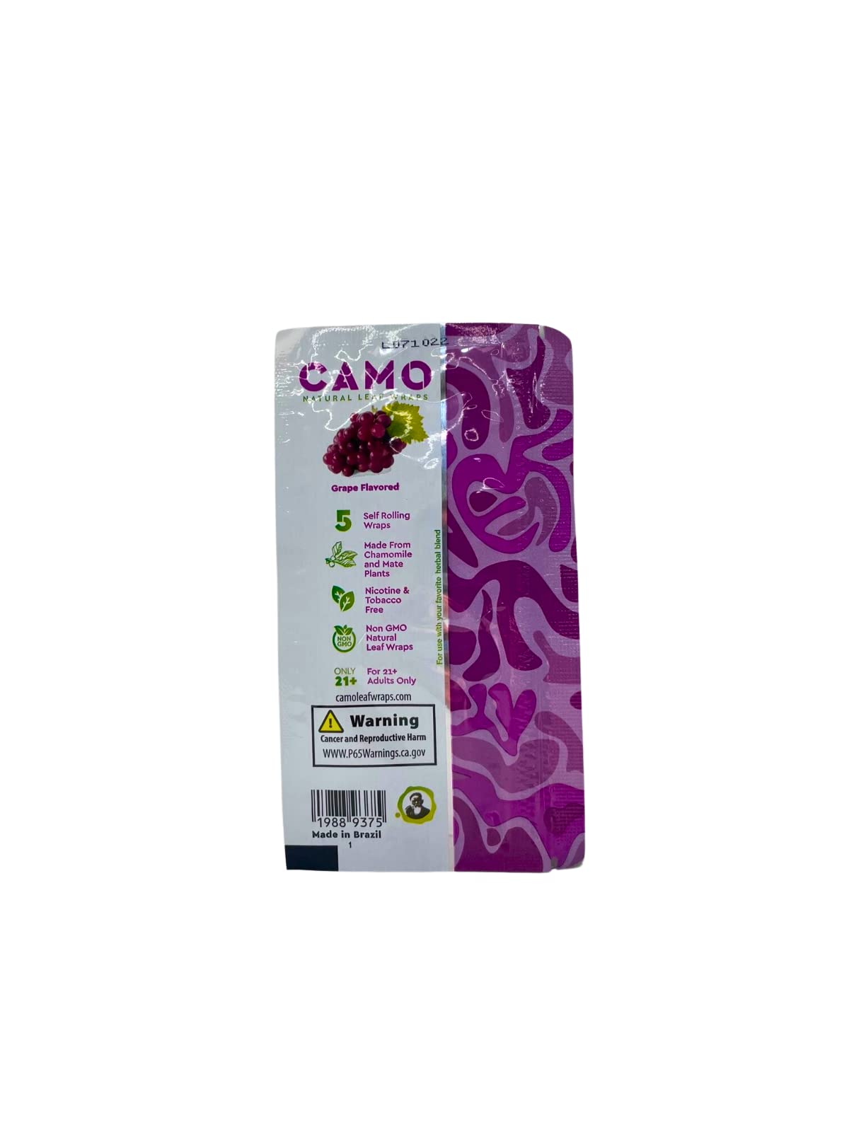 Natural Afghan Hemp Leaf Wraps - Camo Design - Sealed Box with 125 Wraps (25x5) - Grape Flavor - Perfect for Rolling Tobacco or Herbal Blends
