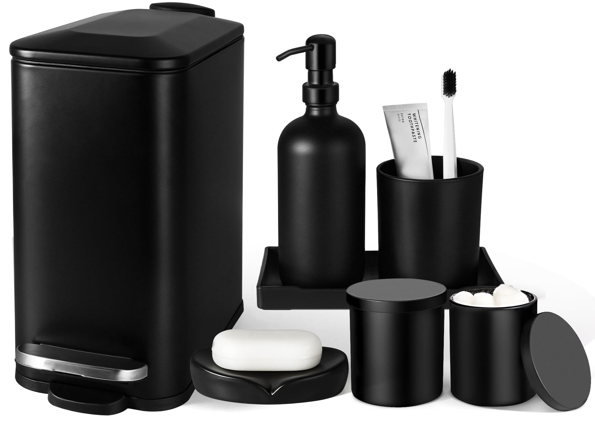 Premium 7-Piece Matte Black Bathroom Accessories Set - Includes Trash Can, Soap Dispenser, Toothbrush Holder, Soap Dish, Vanity Tray & Q-Tip Holder - Modern Bathroom Decor for Home, Hotel & Spa Use