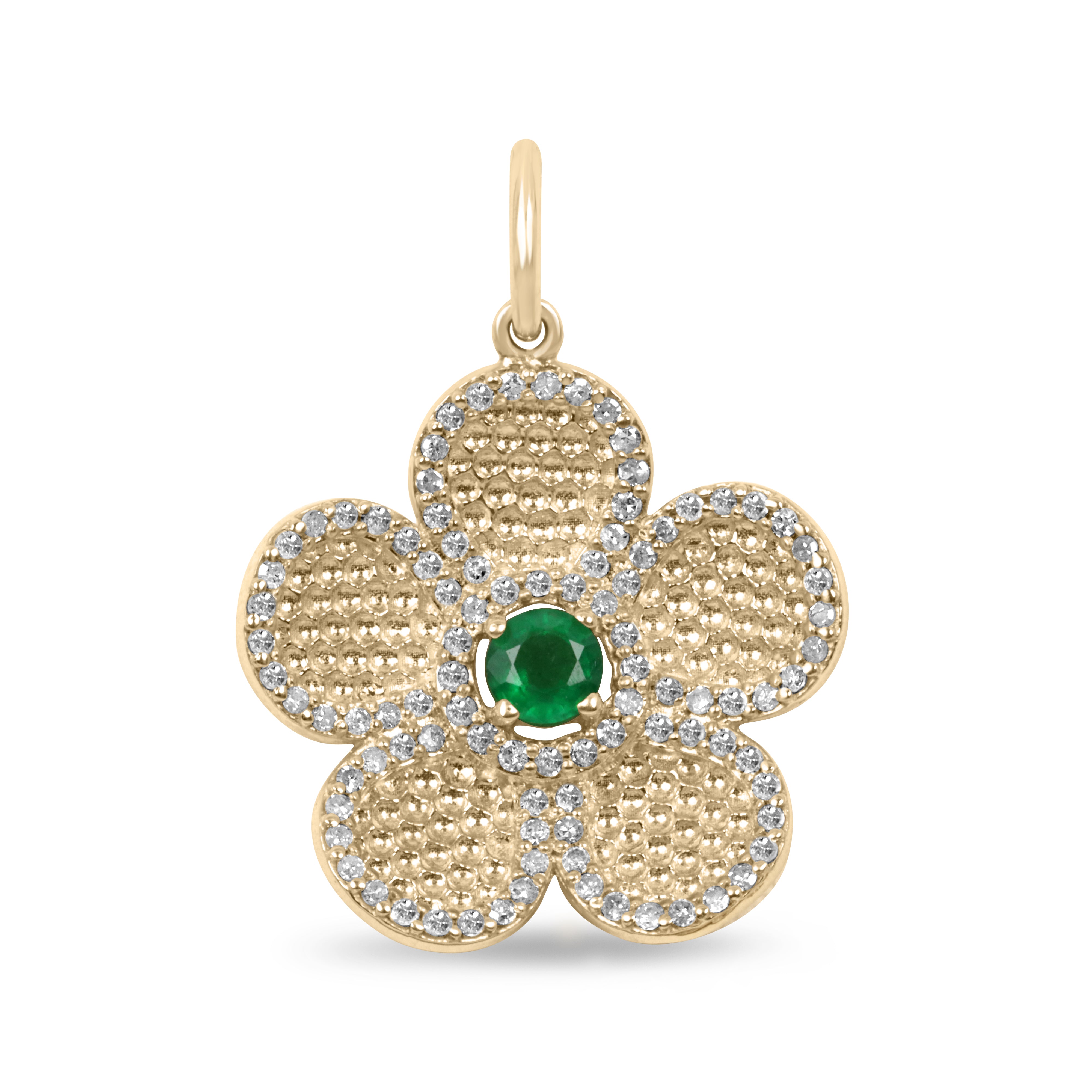 0.58tcw 14K Gold Emerald and Diamond Flower Pendant Necklace - Elegant Floral Jewelry for Women, Perfect Gift for Mother's Day, Anniversary & Special Occasions