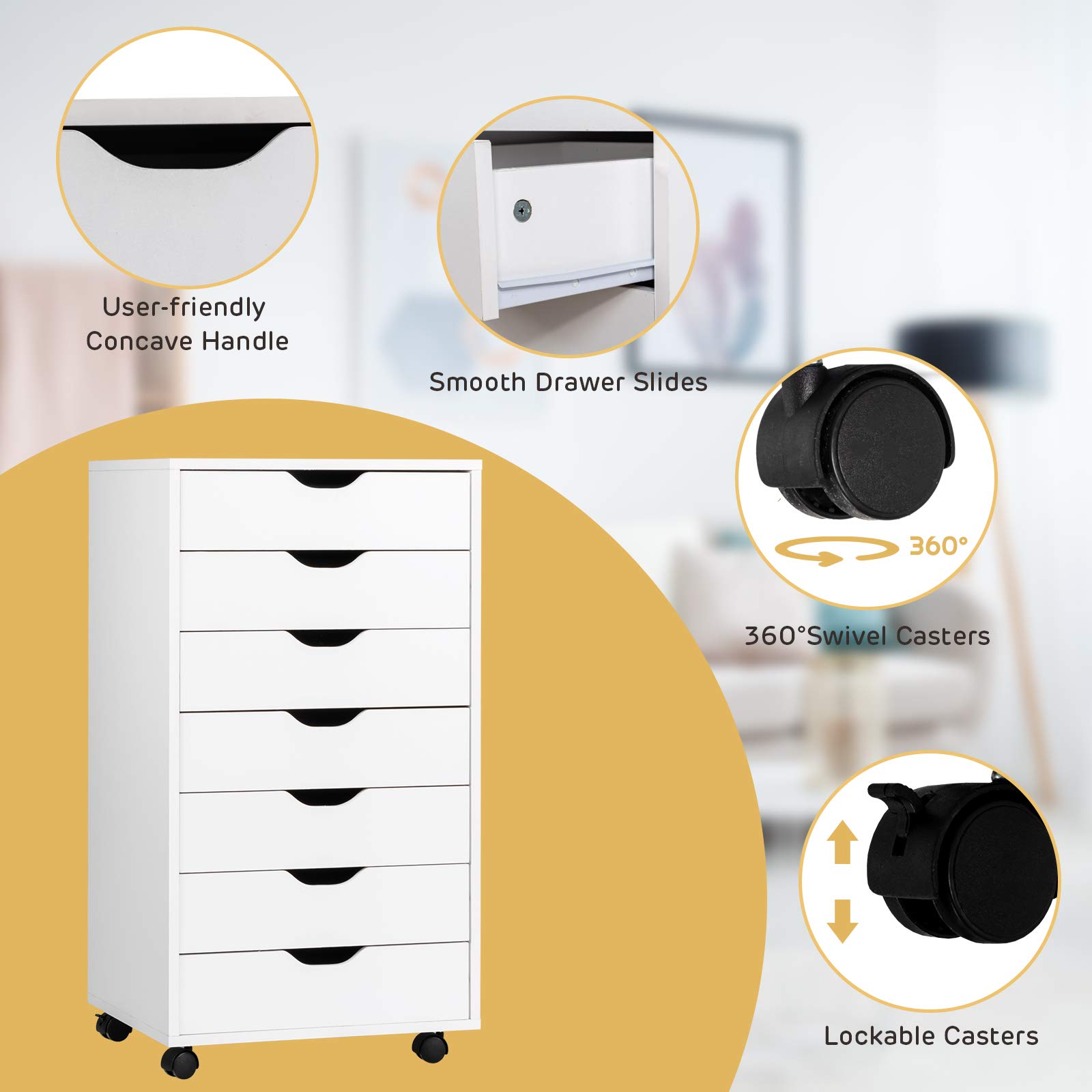 Giantex 7-Drawer Mobile File Cabinet with Wheels - White Lateral Storage Organizer for Home & Office (19”x15.5”x34.5”) - Perfect for Document Storage, Office Supplies & Craft Organization