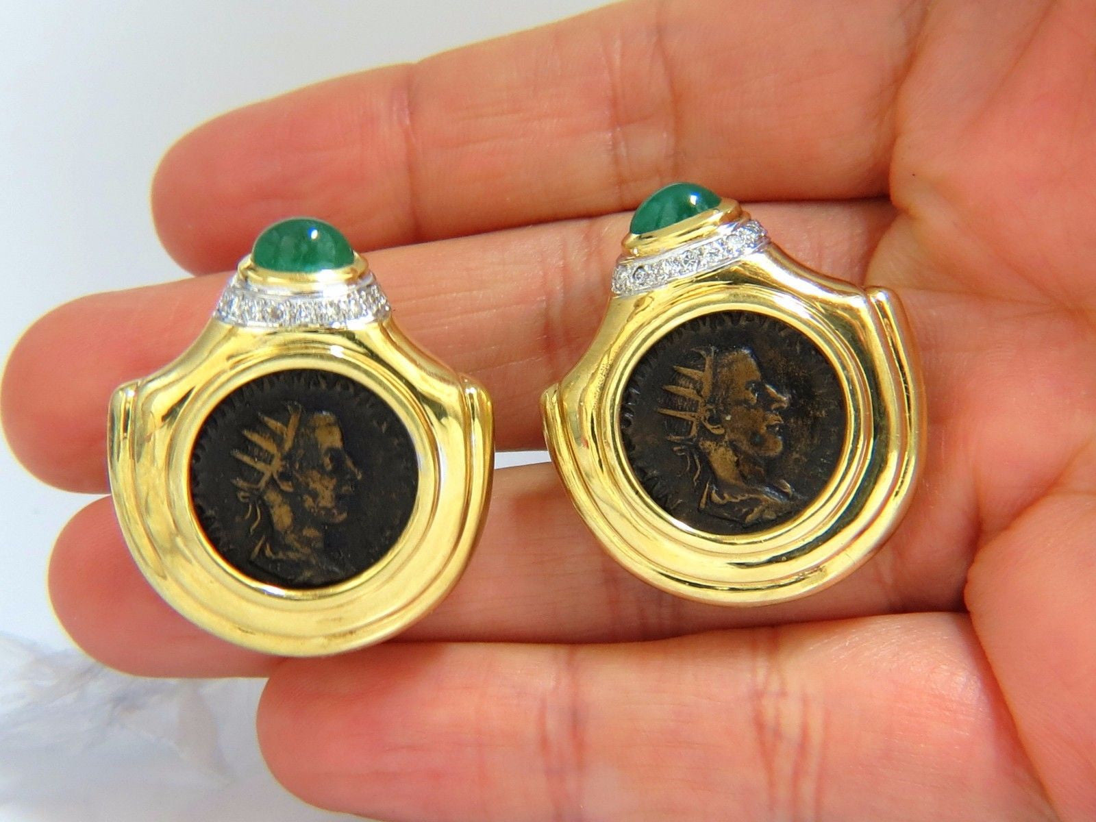 18Kt 1.80ct Natural Emerald Diamond Coin Clip Earrings - Byzantine Deco Style Vintage Jewelry for Women - Perfect for Weddings, Parties & Special Occasions