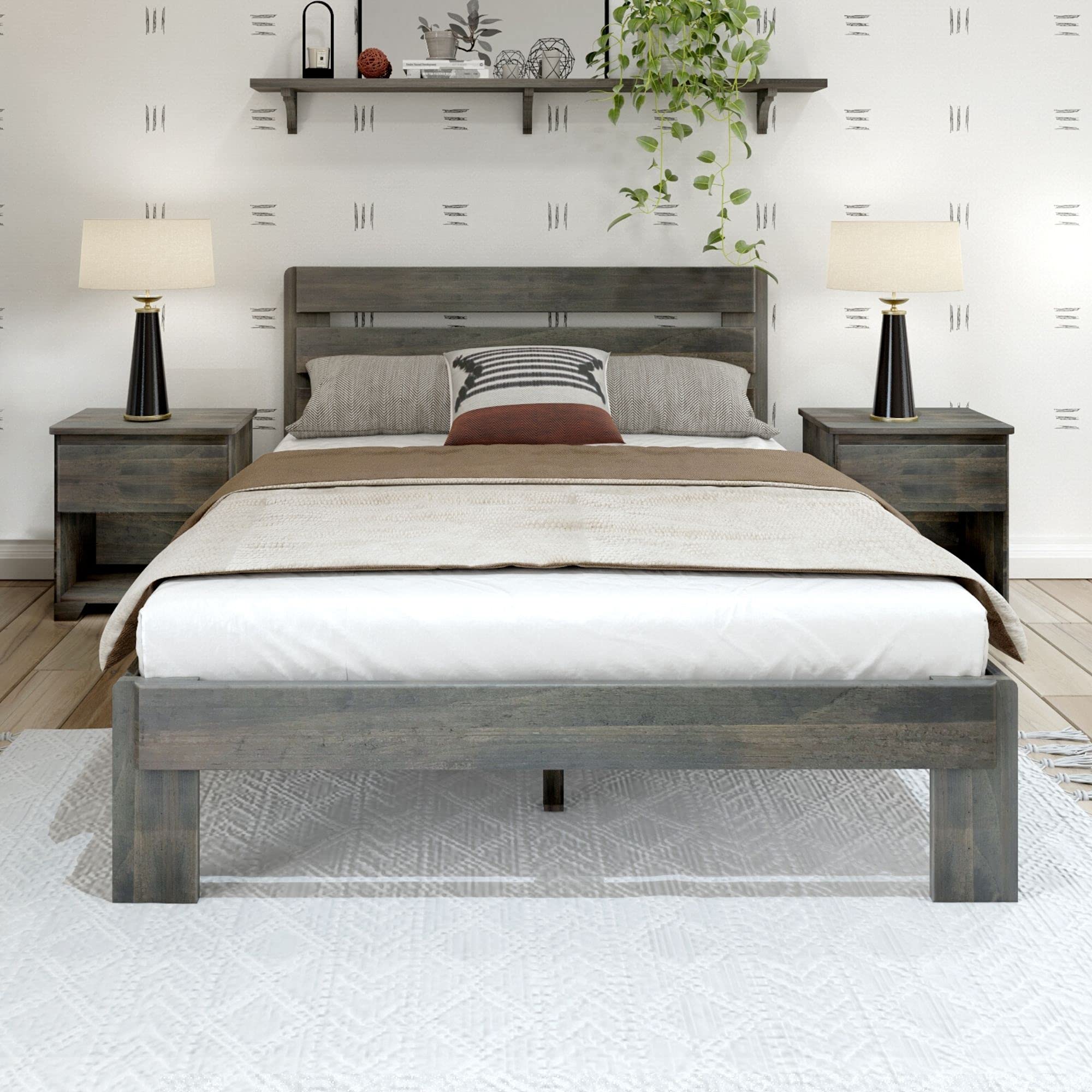 Rustic Wood Queen Bed Frame with Headboard - Solid Platform Bed, Slatted Design, Driftwood Finish | Perfect for Farmhouse, Coastal & Modern Bedroom Decor