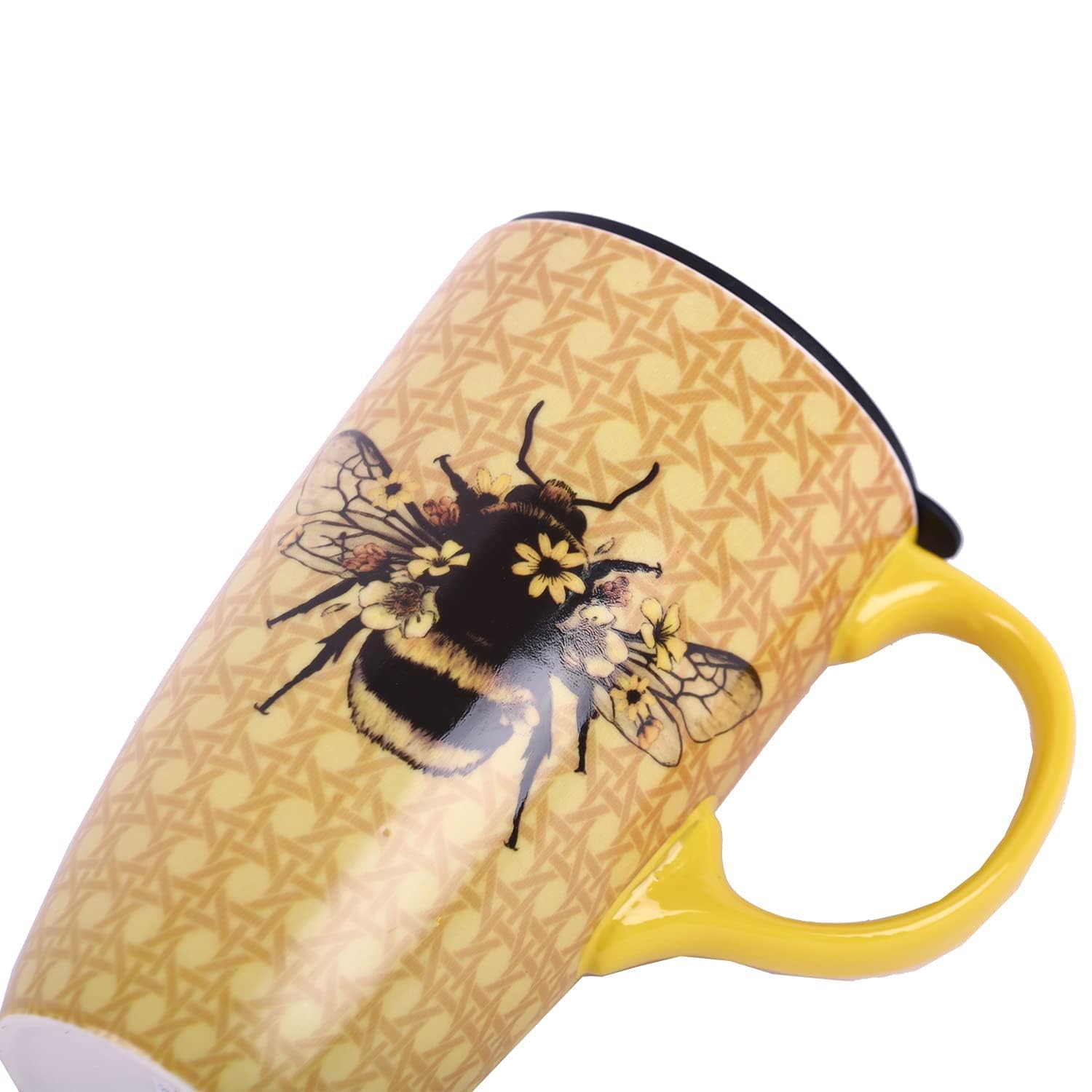 DUSVALLY 17oz Reusable Ceramic Travel Mug with Lid & Handle - Microwave & Dishwasher Safe Coffee Cup for Office, Camping, Car - Bee Art Design Tea Tumbler Gift for Coffee Lovers