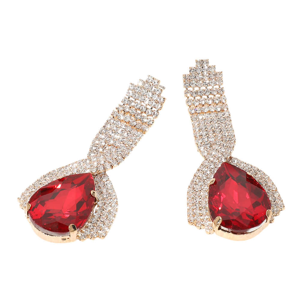 Elegant Red Teardrop Glass Evening Earrings for Women - Sparkling Crystal Dangle Earrings for Party, Wedding & Special Occasions