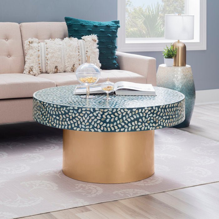 Handmade Blue & White Inlay Round Coffee Table - Elegant Living Room Center Table for Home Decor, Perfect for Lounges, Living Rooms & Offices