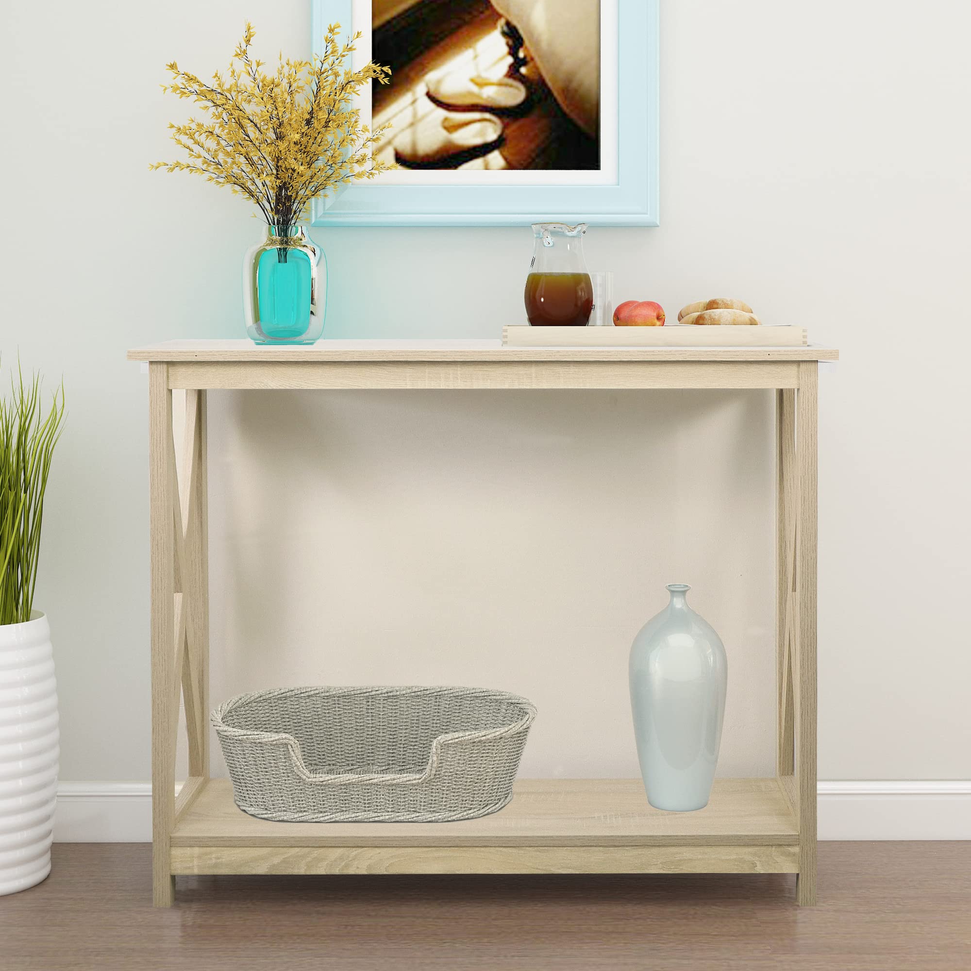 Modern Farmhouse Rainbow Sophia Console Table - 39 Inch White Oak Entryway Sofa Table with 2-Tier Storage | Perfect for Hallway, Living Room & Small Space Decor