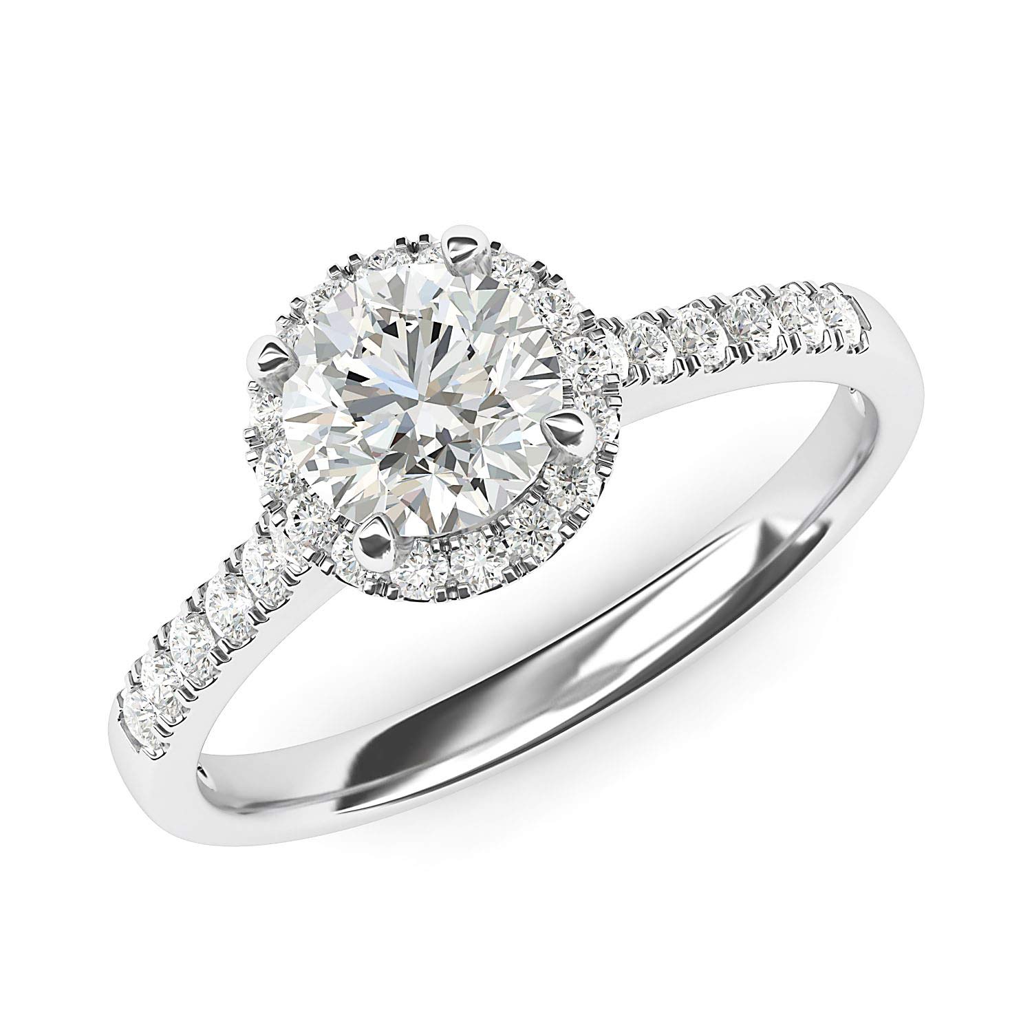 Sterling Silver Classic Round Brilliant Cut Diamond or Moissanite Halo Engagement Ring with Side Stones - Perfect for Proposals, Weddings & Anniversary Gifts