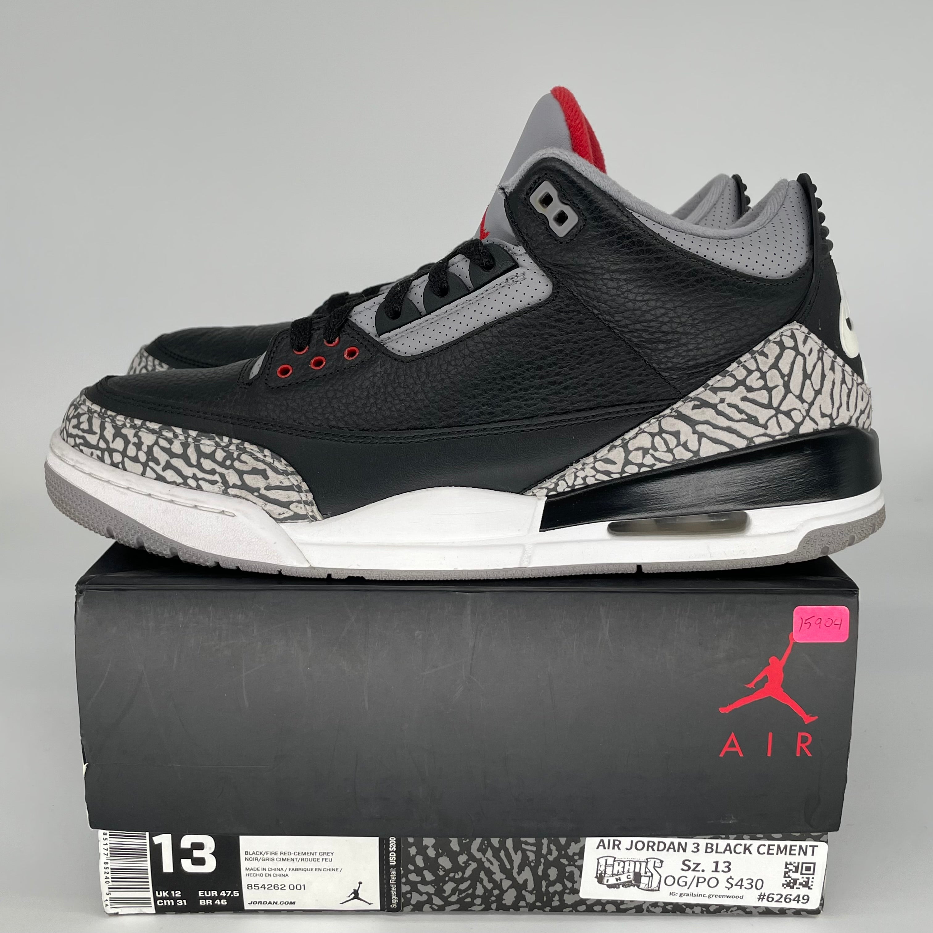 Original Air Jordan 3 Retro 'Black Cement' Men's Basketball Shoes - Size 13 (854262-001) - Perfect for Sneaker Collectors & Streetwear Fashion