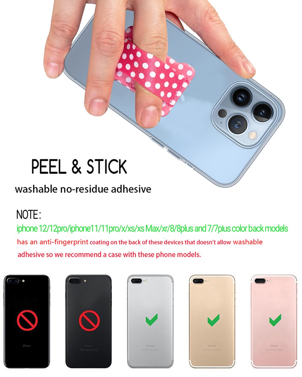 Universal Phone Grip Holder for Smartphones - 2 Pack Non-Slip Finger Stand with Wireless Charging Compatible (Dot Pink) - Perfect for iPhone, Samsung & All Phones - Ideal for Gym, Driving & Video Calls