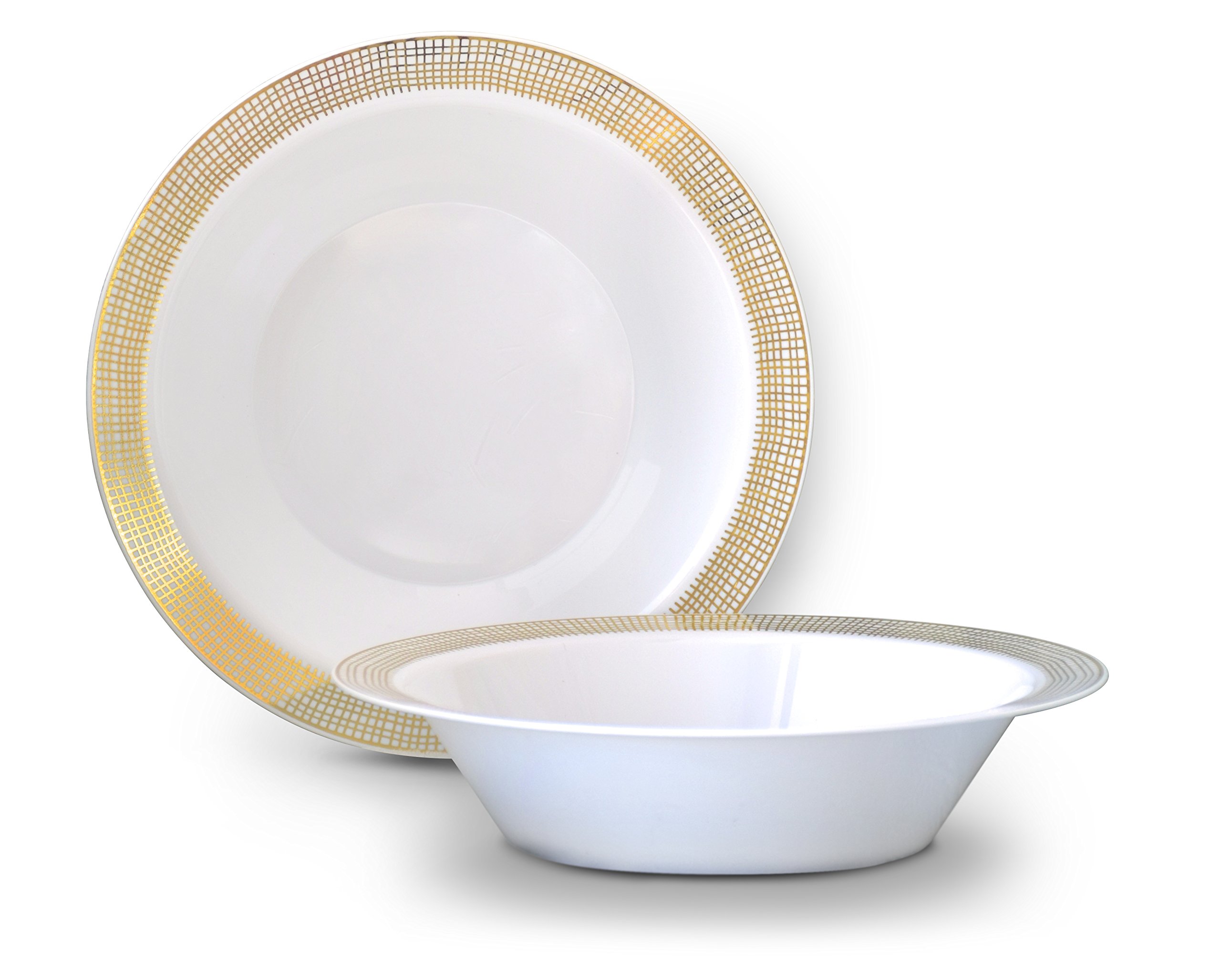 60-Piece Heavyweight Disposable Plastic Plates & Bowls Set - 14oz Soup Bowls for Weddings, Parties & Events (Linen White & Gold) - Perfect for Catering, Buffets & Special Occasions