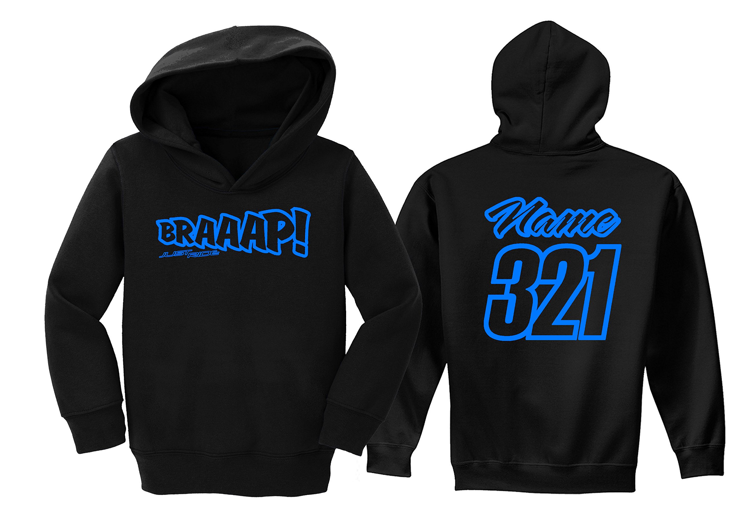 Custom Personalized Motocross Number Plate Toddler & Youth Hoodie Sweatshirt - JUST RIDE BRAAAP Design for Kids' Dirt Bike Racing & Outdoor Activities
