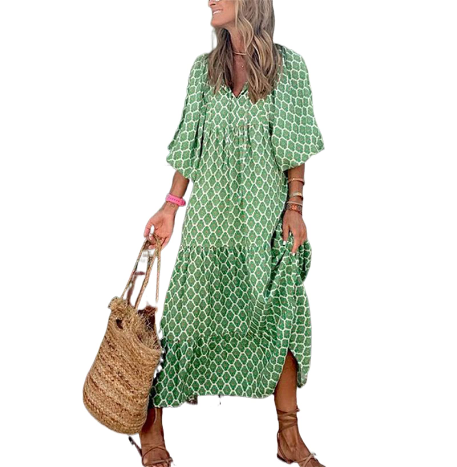 Women's Casual Boho Maxi Dress - Short Sleeve Floral Sun Dress with Flowy Bohemian Ruffles | Perfect for Summer Beach Vacations, Music Festivals & Boho Chic Outfits