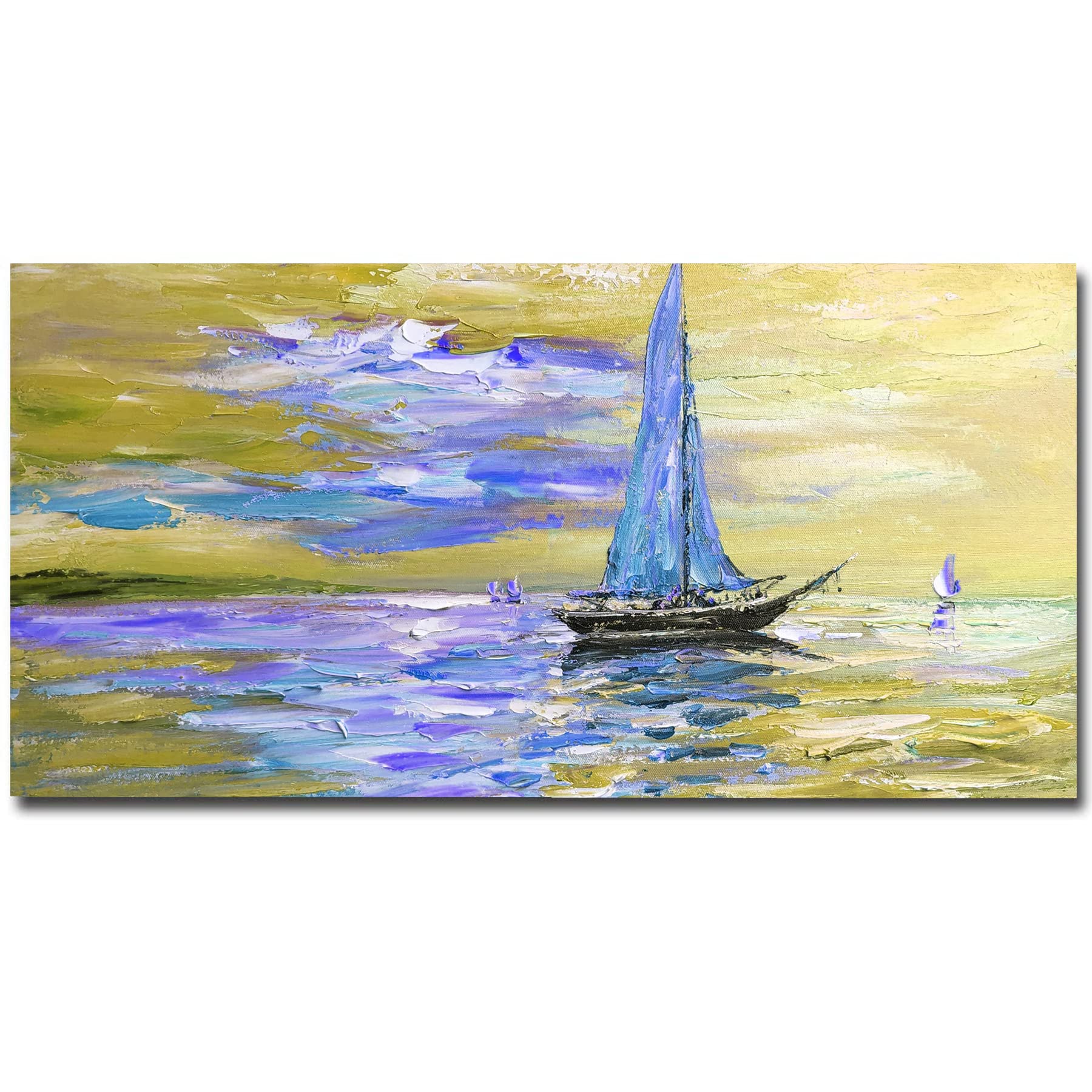 Hand-Painted Beach Oil Painting - 64x32 Inch Abstract Ocean Wall Art for Living Room Decor | Gold Coastal Artwork | Unframed Canvas | Perfect Christmas Gift for Men | Home & Office Wall Decor