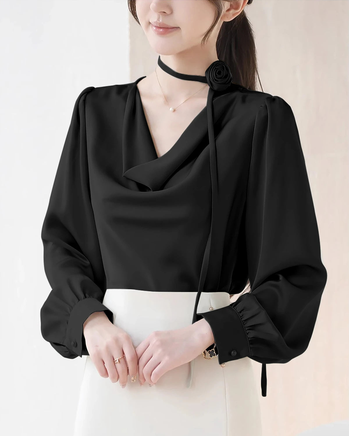 Elegant Draped Collar Silk Blouse for Women - Luxury Satin Shirt for Office, Party & Special Occasions