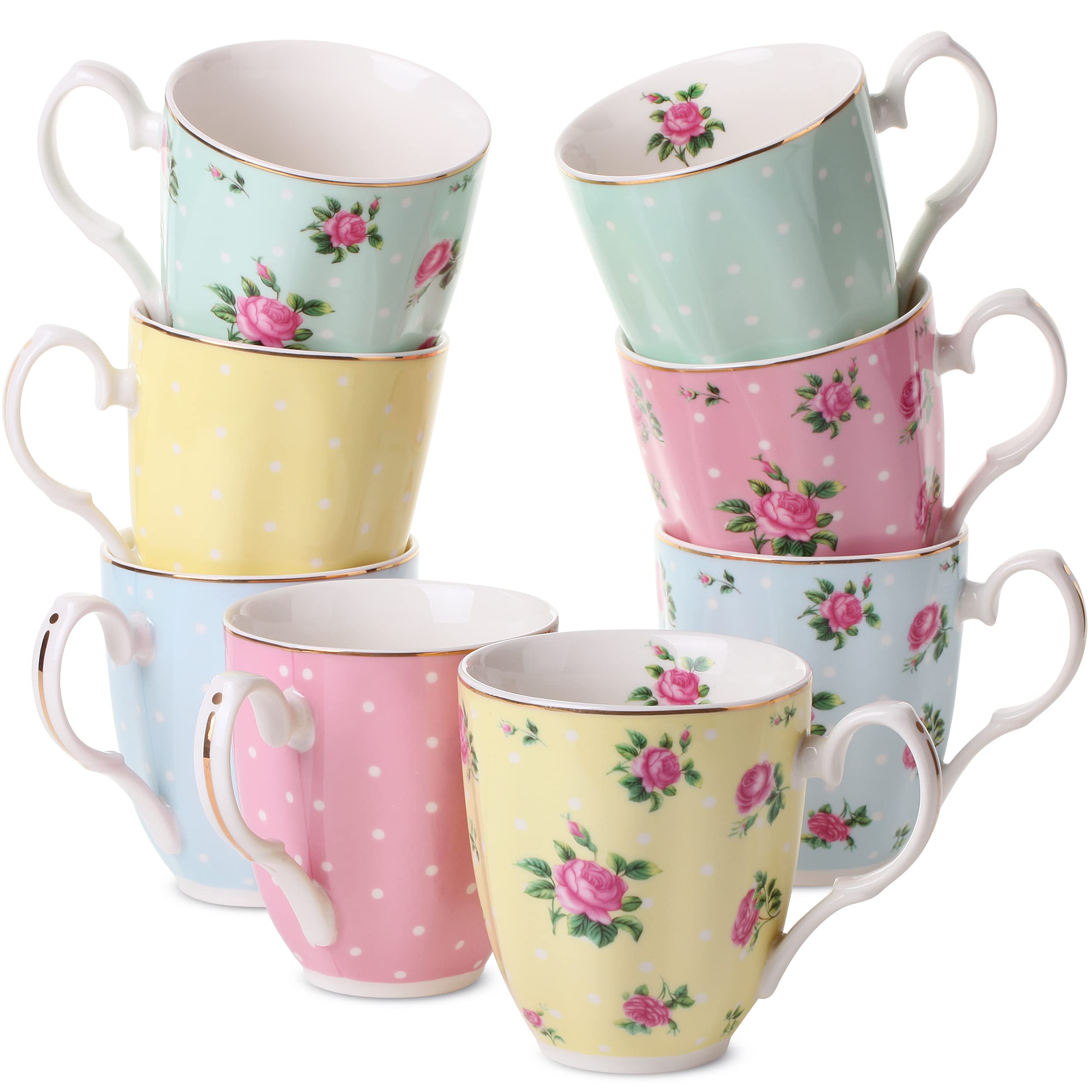 BTaT Royal Floral Coffee Mugs Set of 8 - 12 oz Porcelain Bone China Tea & Coffee Cups for Home, Office, Gifts - Elegant Large Mugs for Morning Coffee, Afternoon Tea, and Entertaining Guests