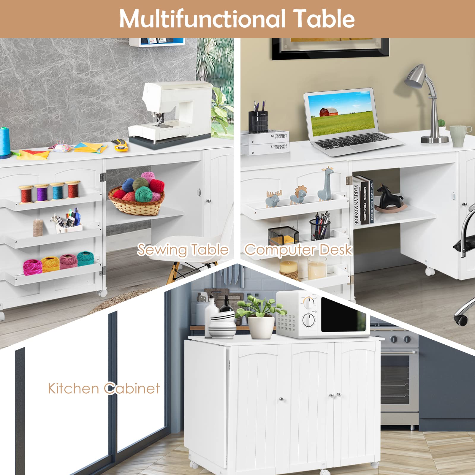 Wooden Folding Sewing Table with Adjustable Storage Shelves & Lockable Casters - Portable Rolling Sewing Cabinet Desk for Small Spaces, Craft Room & Quilting Studio (White) | Perfect for Sewing Projects, DIY Crafts & Home Organization