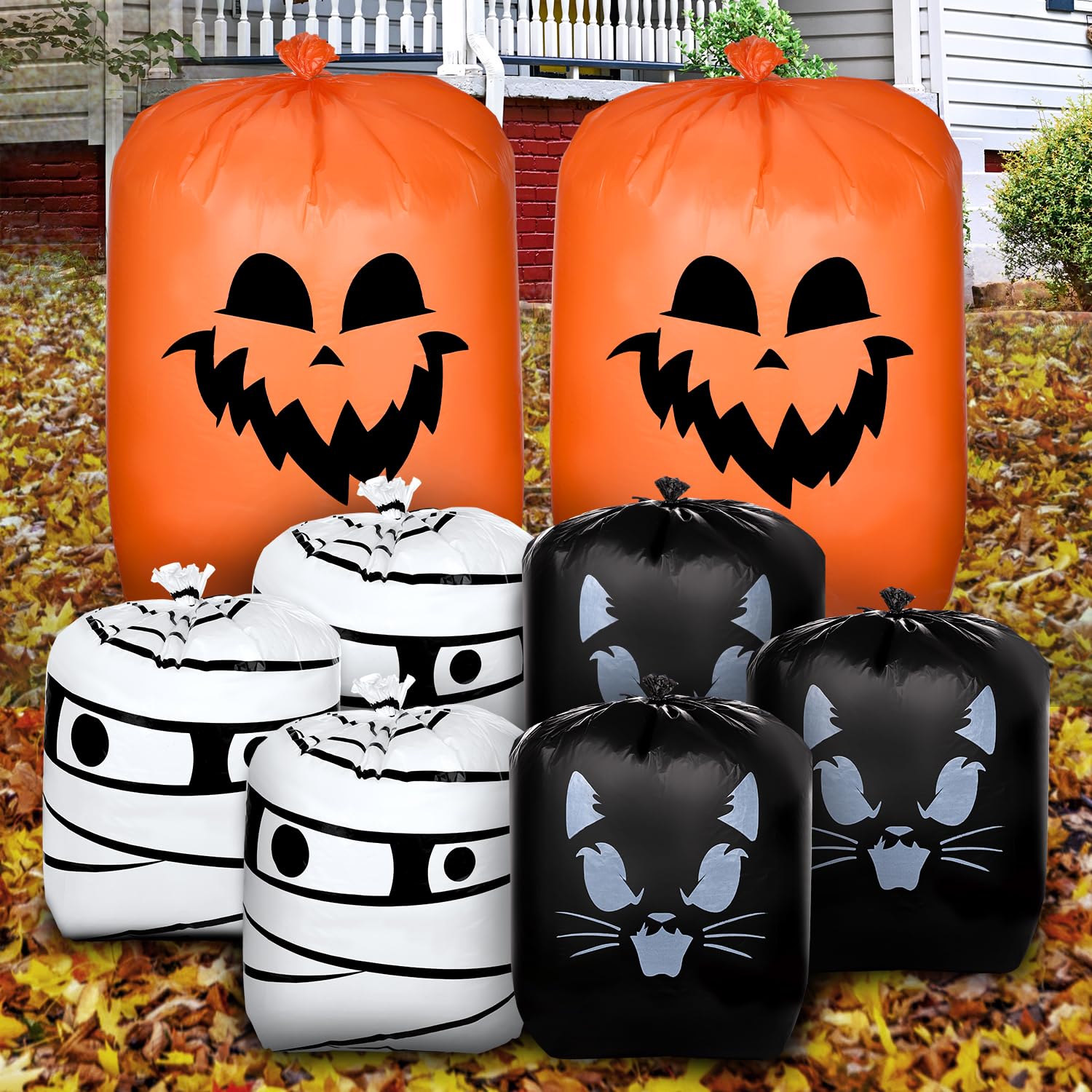 8-Piece Halloween Pumpkin Leaf Bags Set (36x48 Inch & 24x30 Inch) - Reusable Plastic Lawn Leaf Bags for Halloween Decorations, Outdoor Fall Garden Party, Yard Cleanup & Seasonal Decor