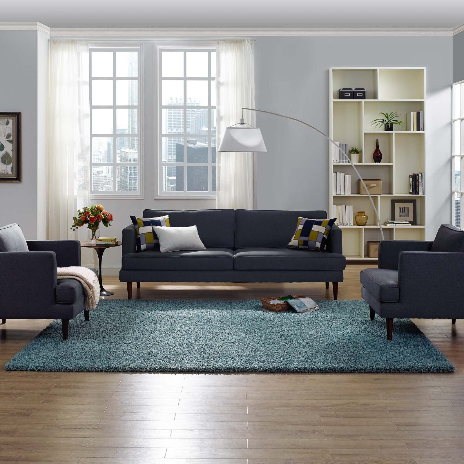 Modern Contemporary Urban Design Blue Area Rug - Non-Slip Living Room Carpet Runner for Lounge & Bedroom - Soft Fabric Floor Mat for Home Decor