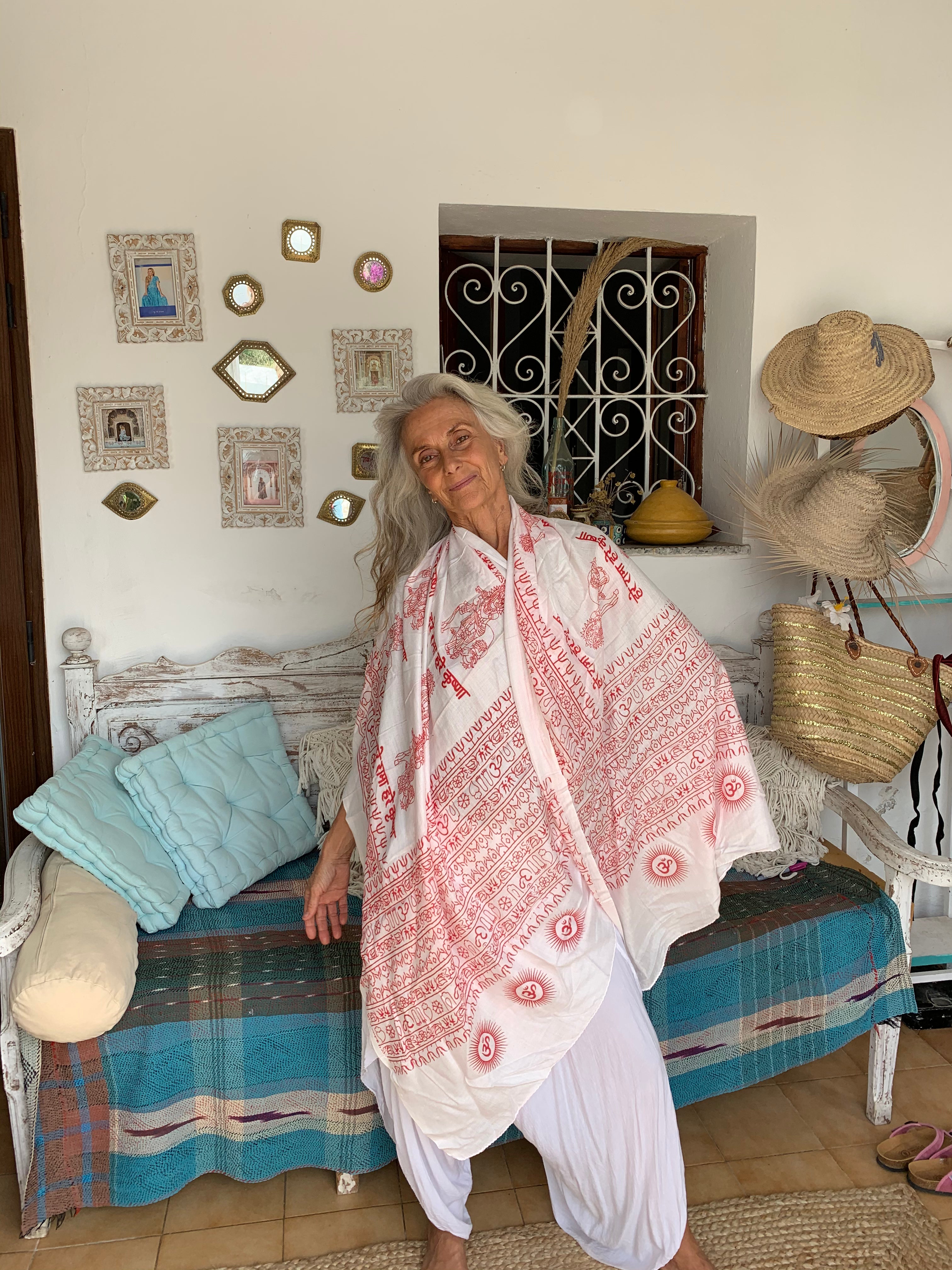 Large Om Sarong Pareo Shawl - White and Red Boho Beach Cover-Up for Women | Perfect for Ibiza, Poolside, Yoga & Summer Vacations