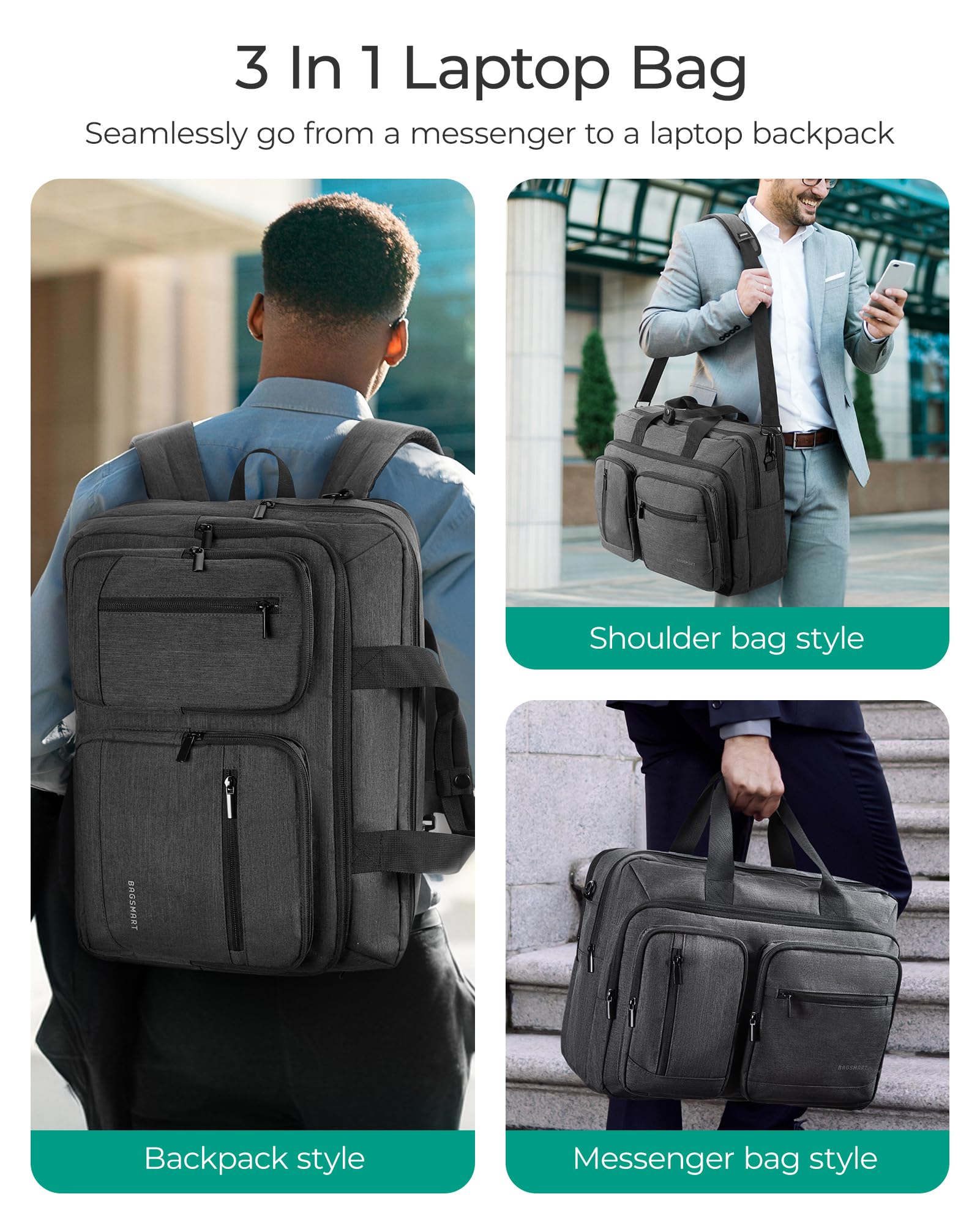 BAGSMART 3-in-1 Water-Repellent Laptop Bag for Men - 17.3 Inch Business Briefcase, Office & Travel Shoulder Bag, Black - Ideal for Work, Commute, and Daily Use