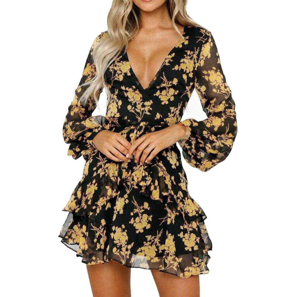 LISTHA Women's Floral Leaf Print Long Sleeve Mini Dress - Summer Beach Casual Dress for Vacation, Date Night & Outdoor Party Wear