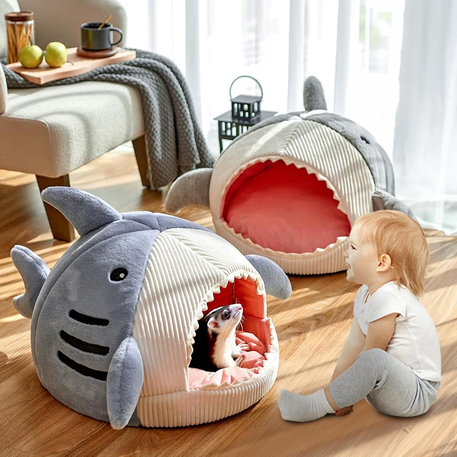 Soft Plush Ferret Bed Cave & Hammock Hideaway - Washable Small Pet Cage Accessories for Hamsters, Rats, Squirrels (Shark Design) - Cozy Sleeping & Play Area for Small Animals