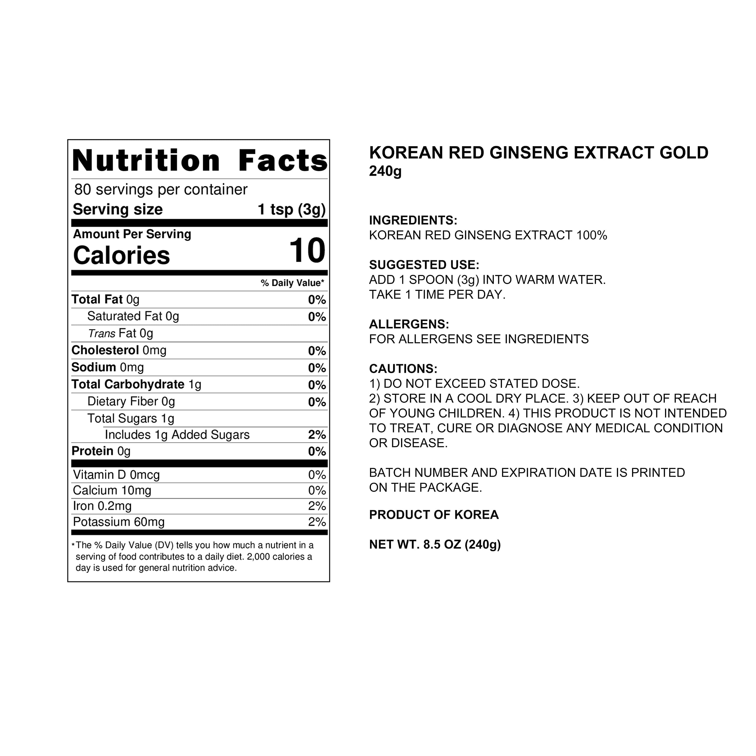Premium 240g 100% Pure Korean 6-Year Root Panax Red Ginseng Extract Gold - High Ginsenoside Content for Immune Support & Energy Boost - Natural Herbal Supplement for Wellness, Stress Relief & Daily Vitality