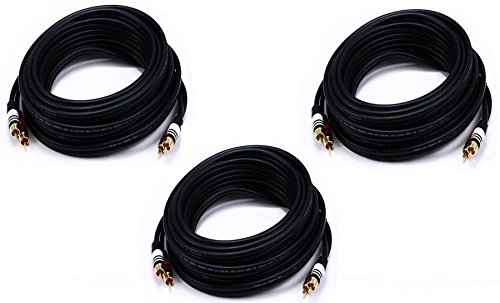 3-Pack Premium 22AWG 2 RCA to 2 RCA Male/Male Audio Cable - 50 Feet Black - High-Quality Stereo Connection for Home Theater, Car Audio, and DJ Equipment