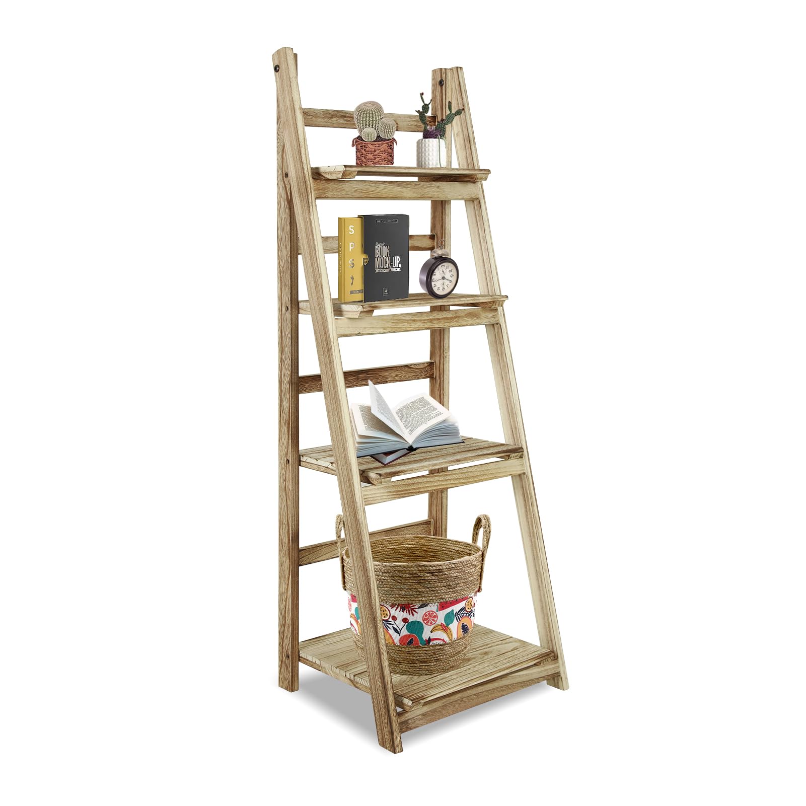 4-Tier Folding Ladder Shelf - Wood Plant Display Rack for Home & Office Decor