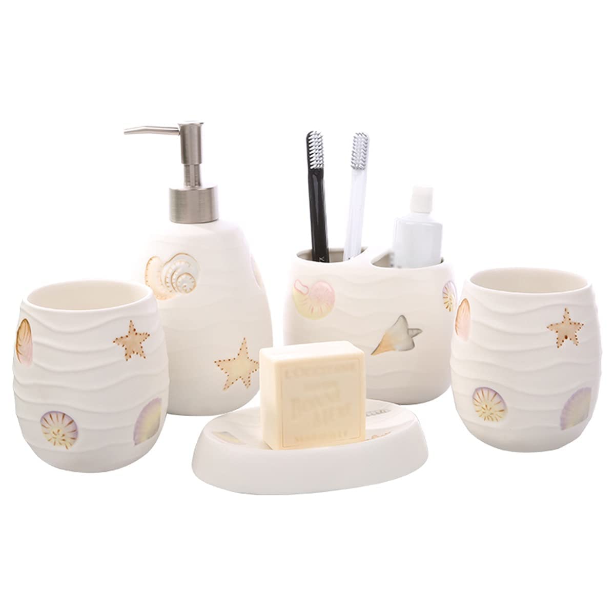 Ceramic Bathroom Accessories Set - 5 Piece Modern Bathroom Decor Ensemble with Soap Dish, Toothbrush Holder, Lotion Dispenser & Gargle Cup | Perfect for Home, Hotel & Spa Bathroom Organization